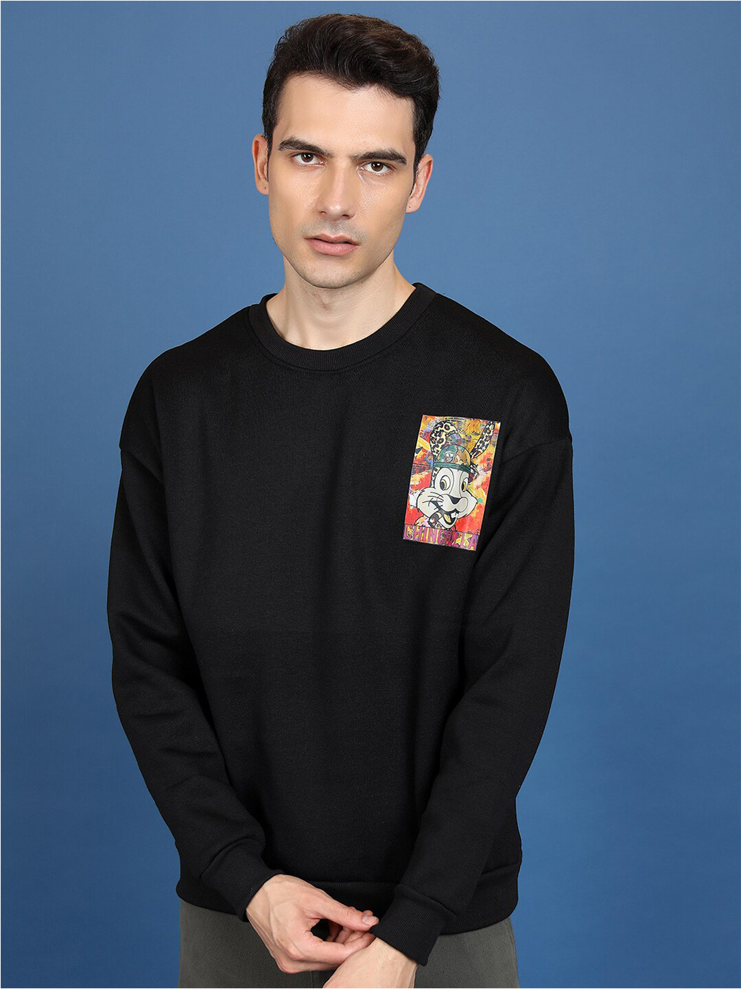 HIGHLANDER Black Oversized Humour and Comic Printed Round Neck Sweatshirt