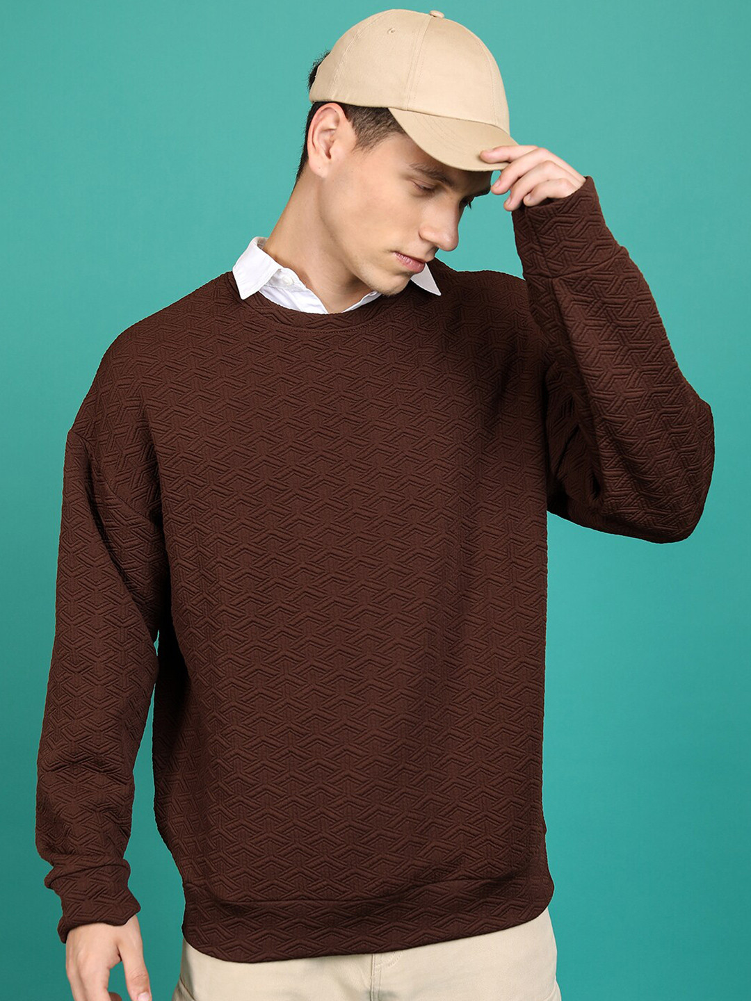 HIGHLANDER Geometric Self Design Oversized Drop Shoulder Sweatshirt