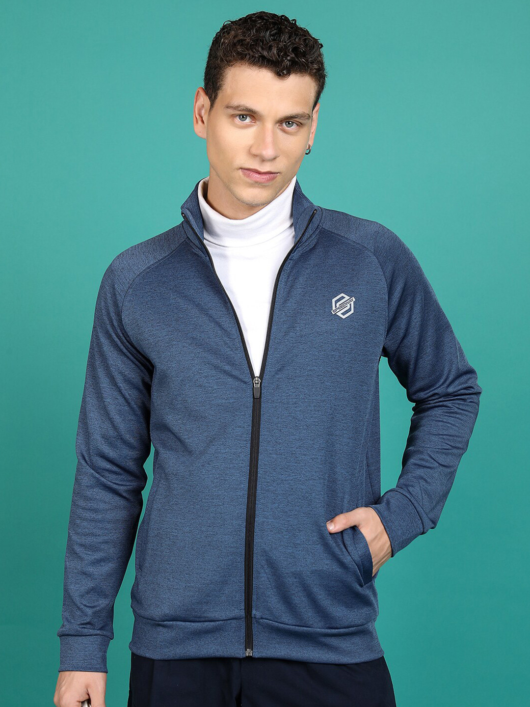 HIGHLANDER Navy Blue Mock Collar Front-Open Sweatshirt