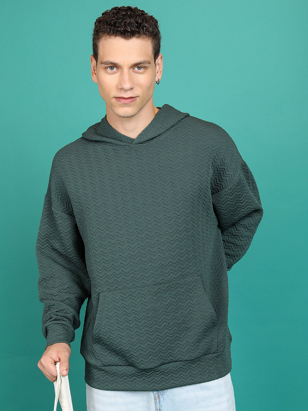 HIGHLANDER Green Geometric Self Design Over Sized Drop Shoulder Hooded Sweatshirt