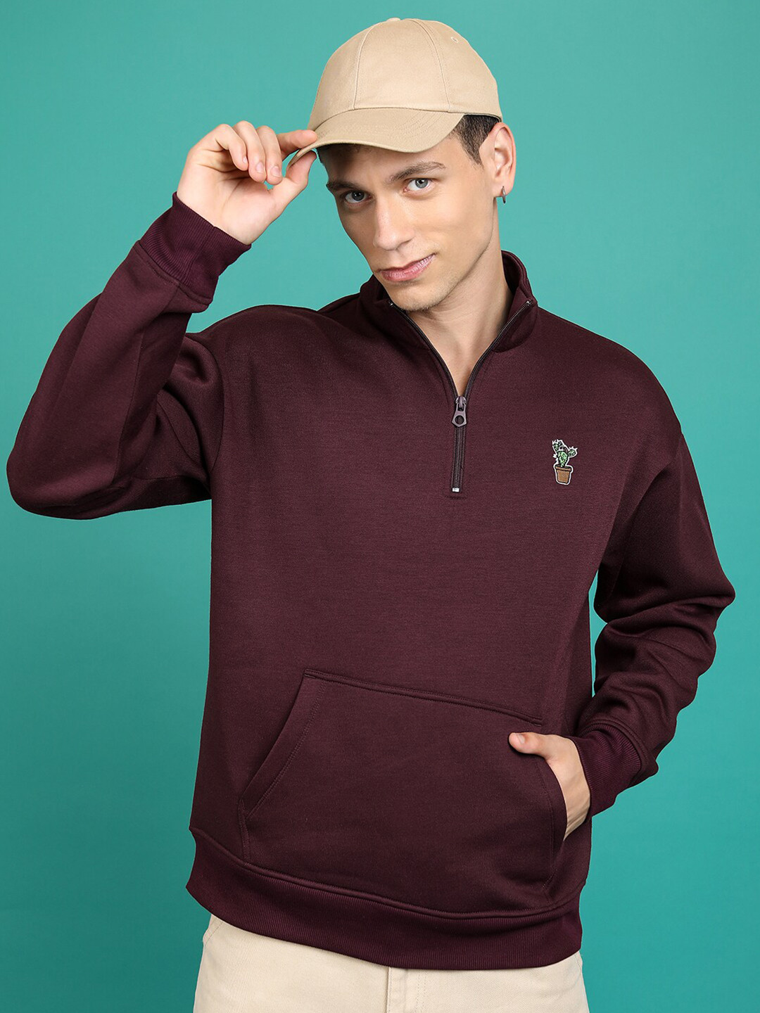 HIGHLANDER Burgundy High Neck Drop Shoulder Sleeves Relaxed Fit Pullover Sweatshirt