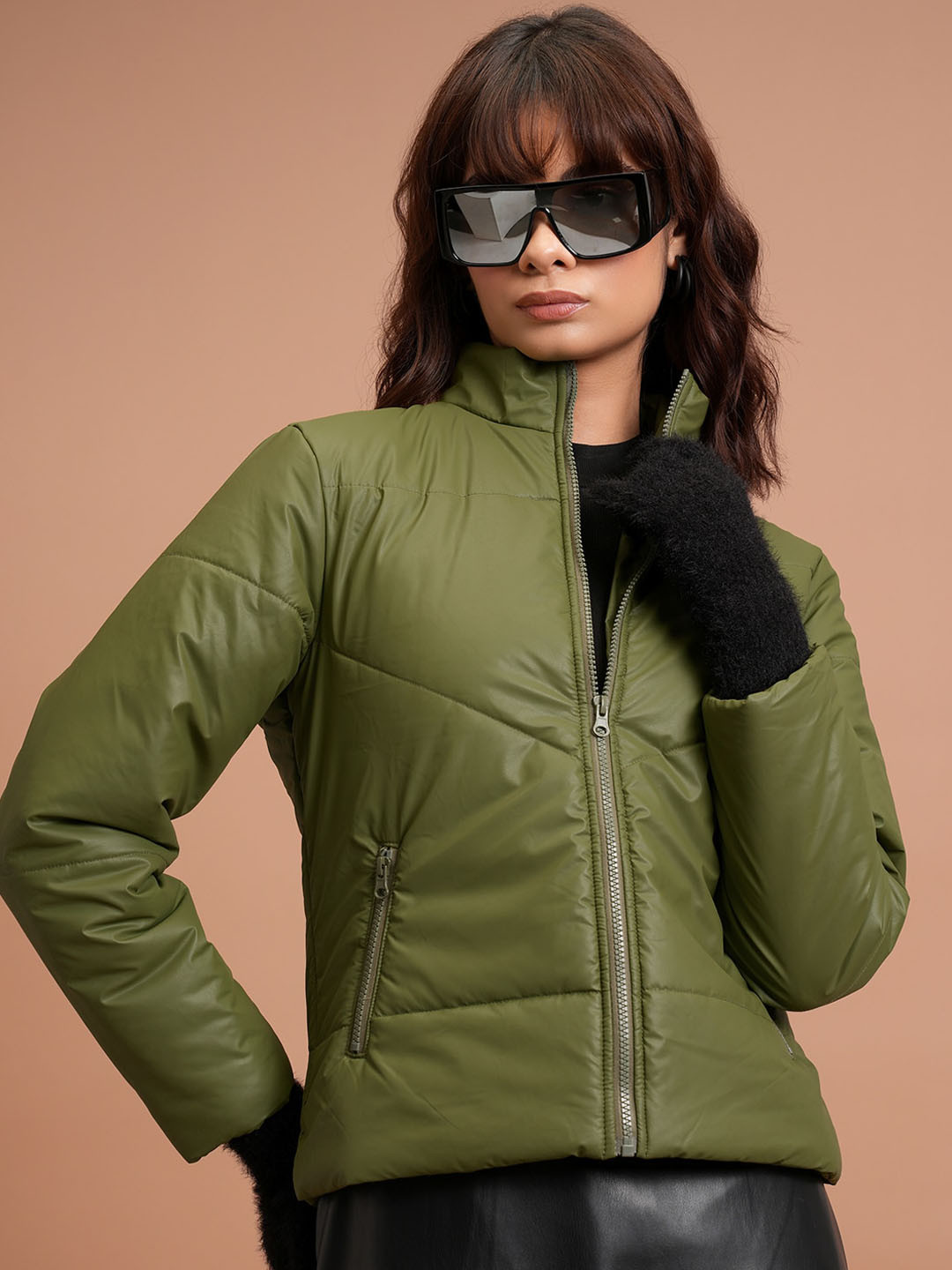 Tokyo Talkies Olive Green Mock Collar Padded Jacket