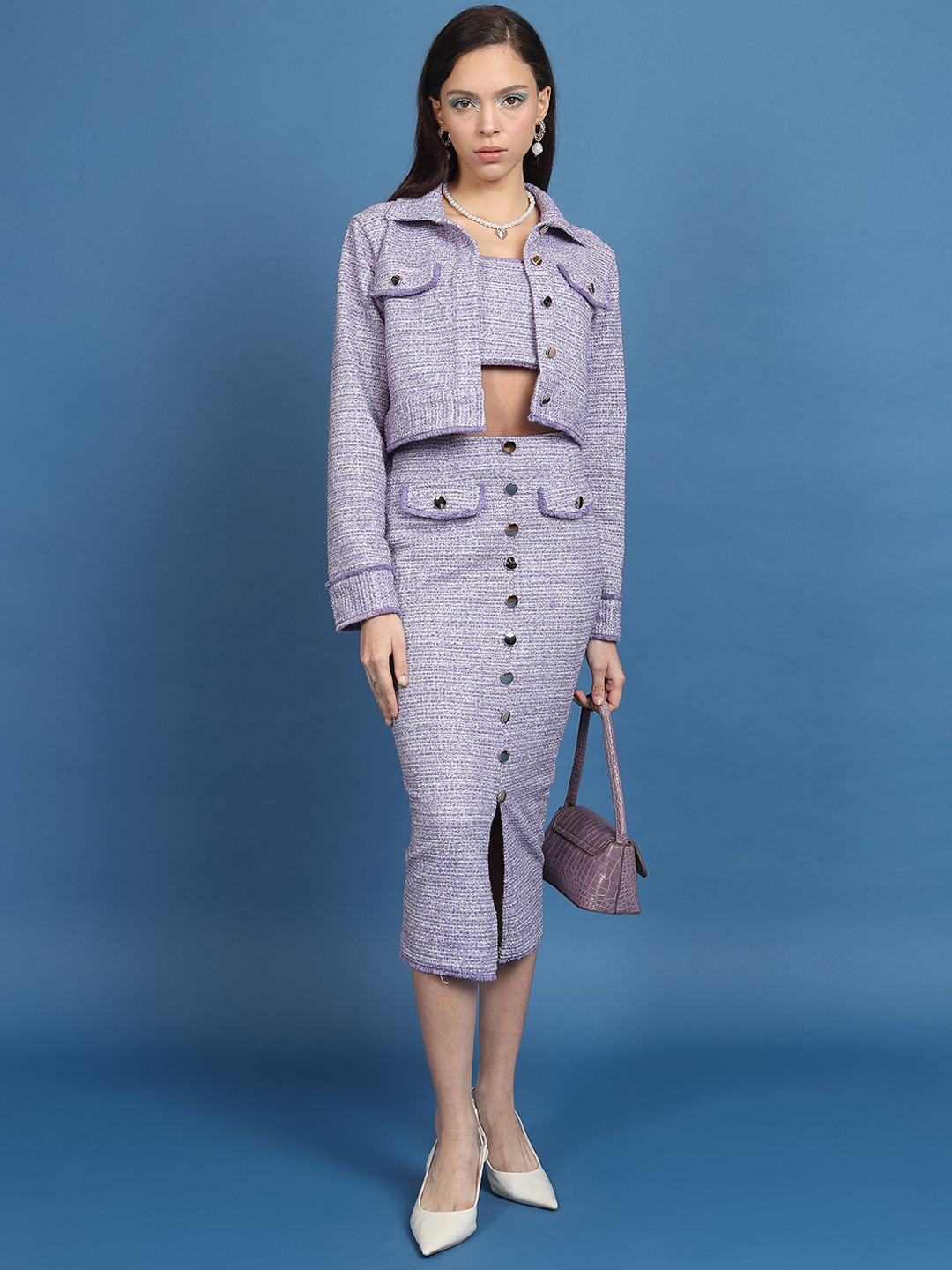 Tokyo Talkies 3-Piece Self Design Crop Jacket & Tube Top With Skirt