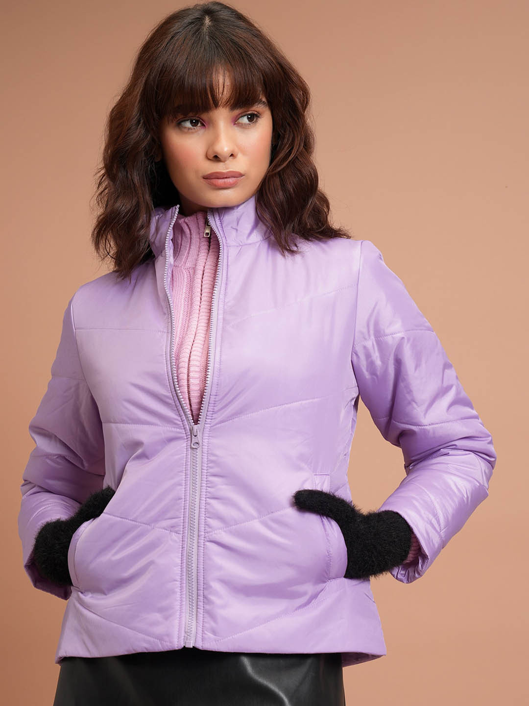 Tokyo Talkies Purple Mock Collar Padded Jacket