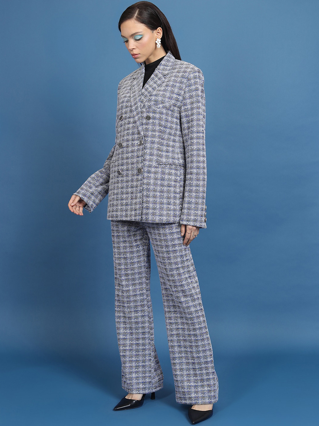 Tokyo Talkies Self Design Notched Lapel Collar Longline Blazer With Wide Leg Trouser