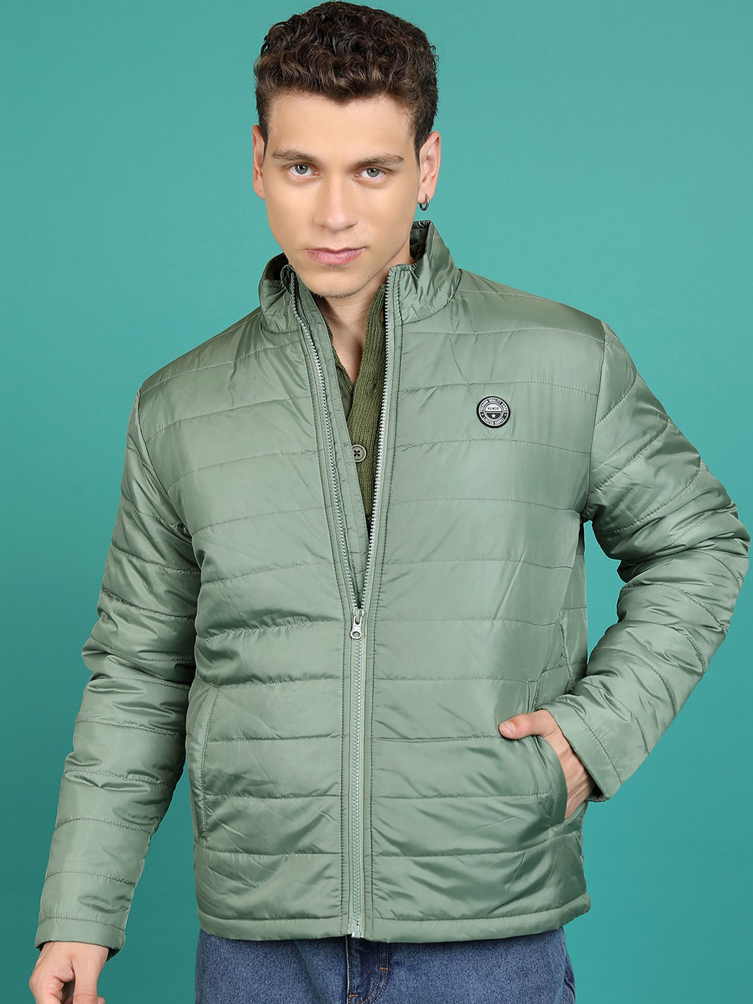 HIGHLANDER Olive Green Mock Collar Padded Jacket