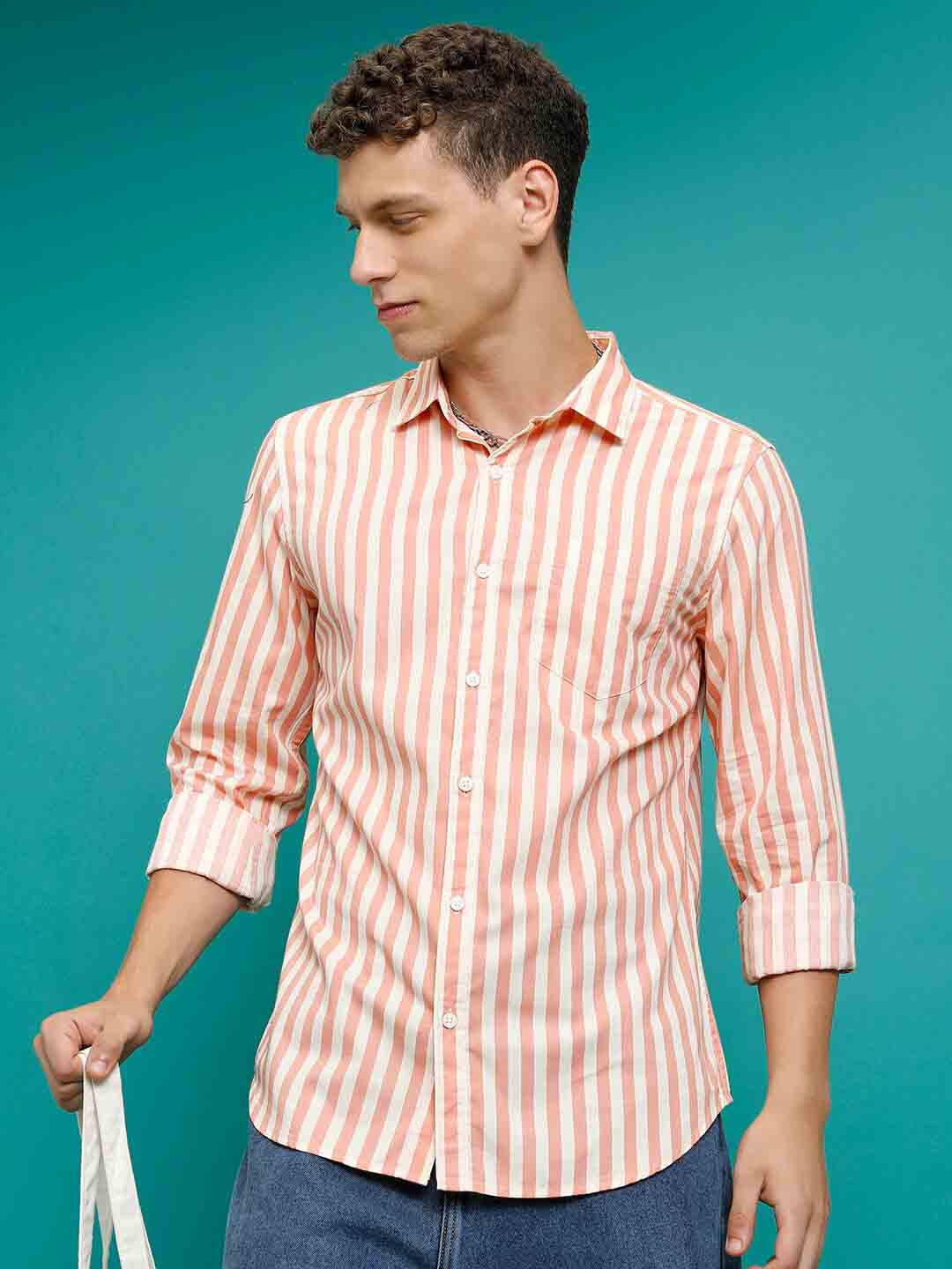 HIGHLANDER Orange-Coloured Slim Fit Vertical Striped Spread Collar Cotton Casual Shirt