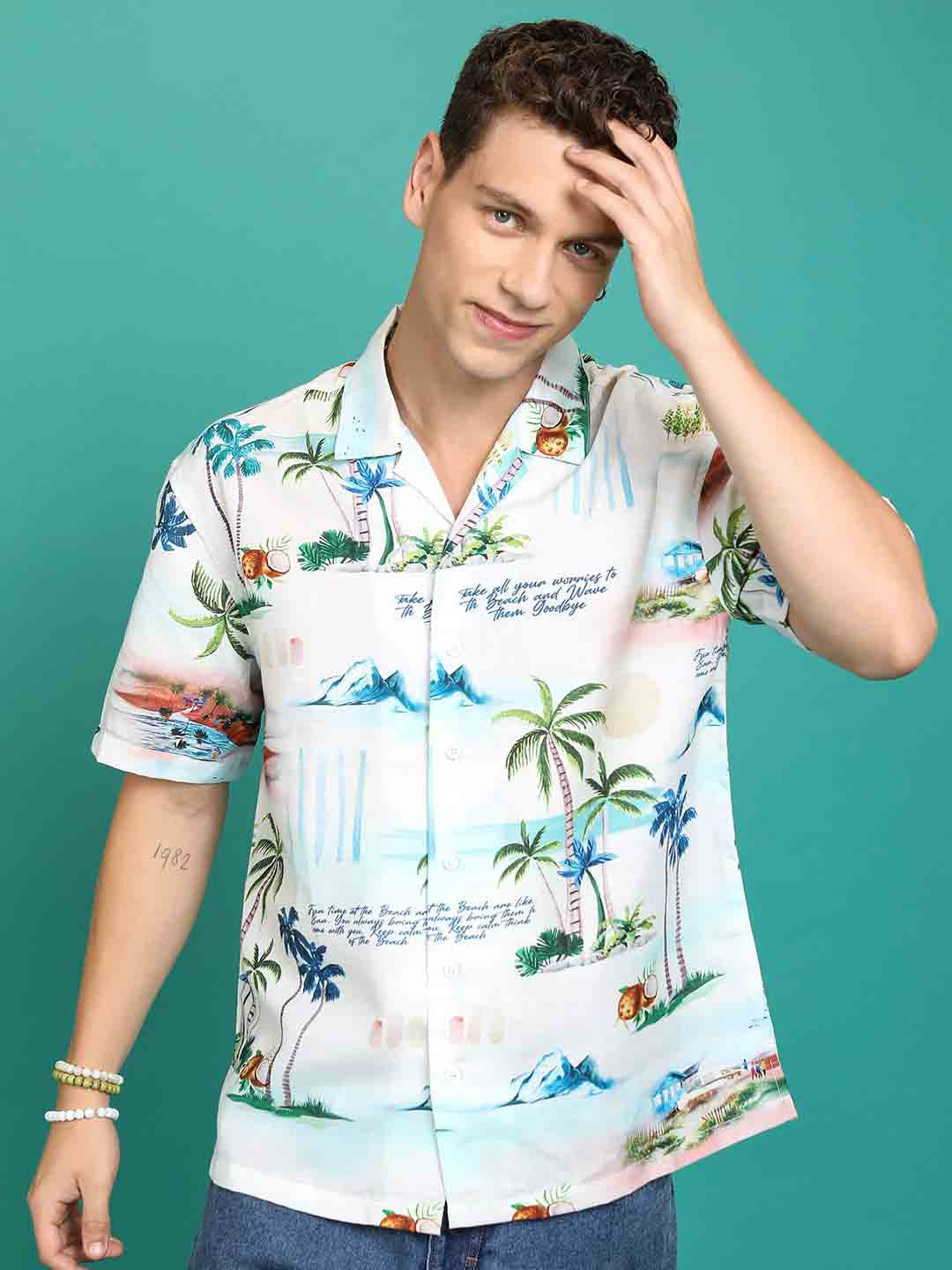 HIGHLANDER Off White Tropical Printed Drop-Shoulder Sleeves Oversized Casual Shirt