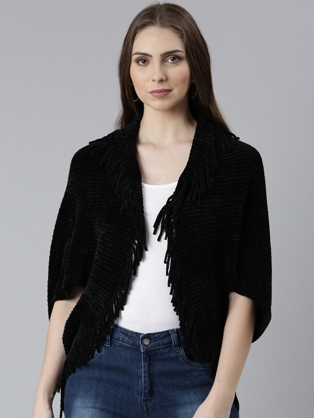 SHOWOFF Ribbed Shawl Collar Poncho with Fringed Detail