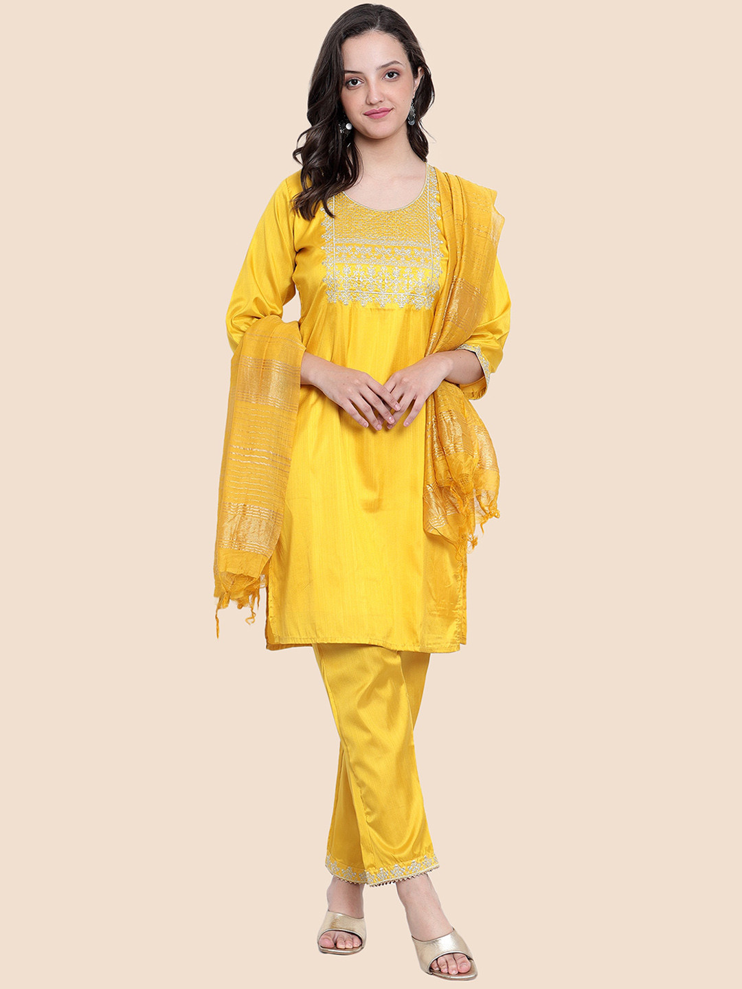 Tulip Eden Ethnic Motif Yoke Design Regular Kurta With Trousers & Dupatta
