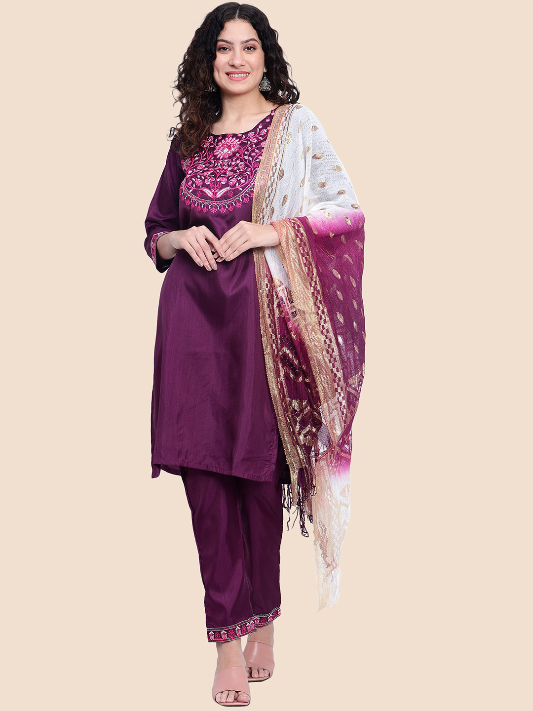 Tulip Eden Floral Yoke Design Thread Work Regular Kurta With Trousers & Dupatta