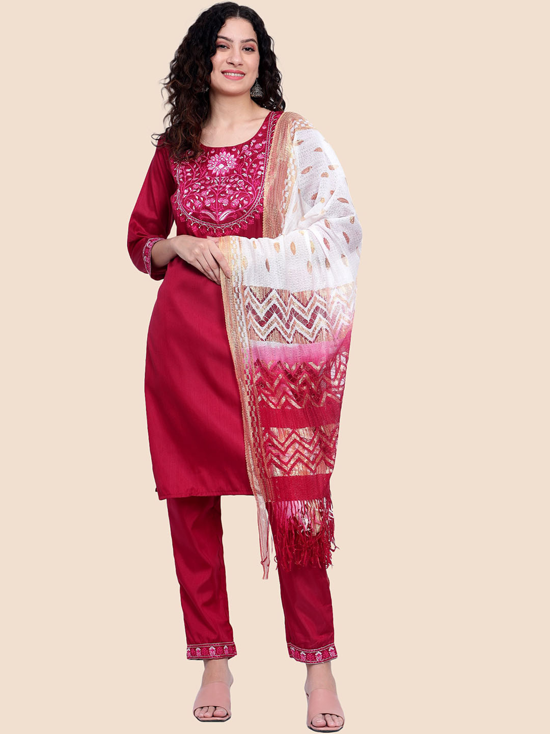 Tulip Eden Floral Yoke Design Thread Work Regular Kurta With Trousers & Dupatta