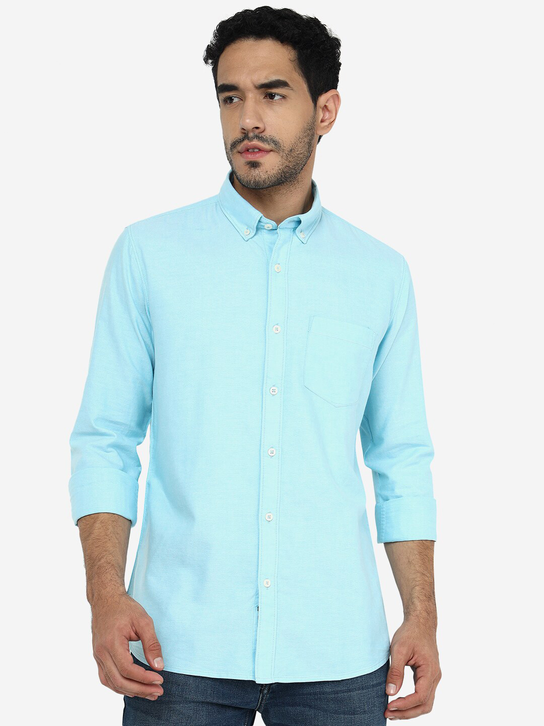 JADE BLUE Slim Fit Button Down Cotton Collar Shirt