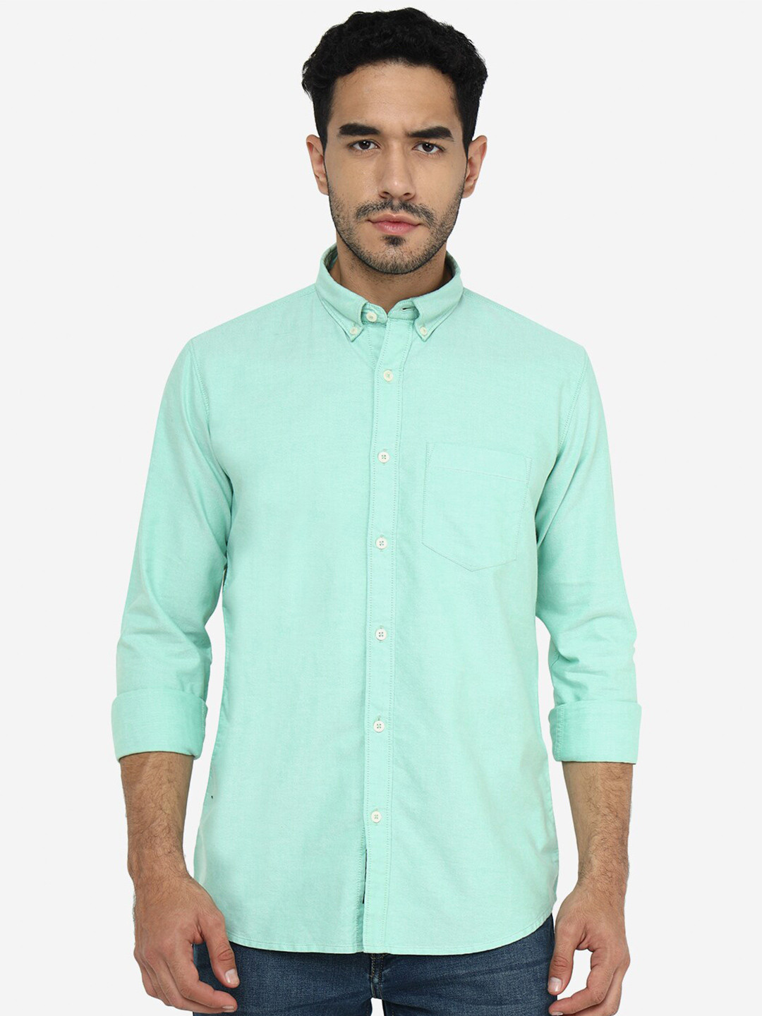JADE BLUE Slim Fit Button Down Collar Cotton Knitted Casual Shirt