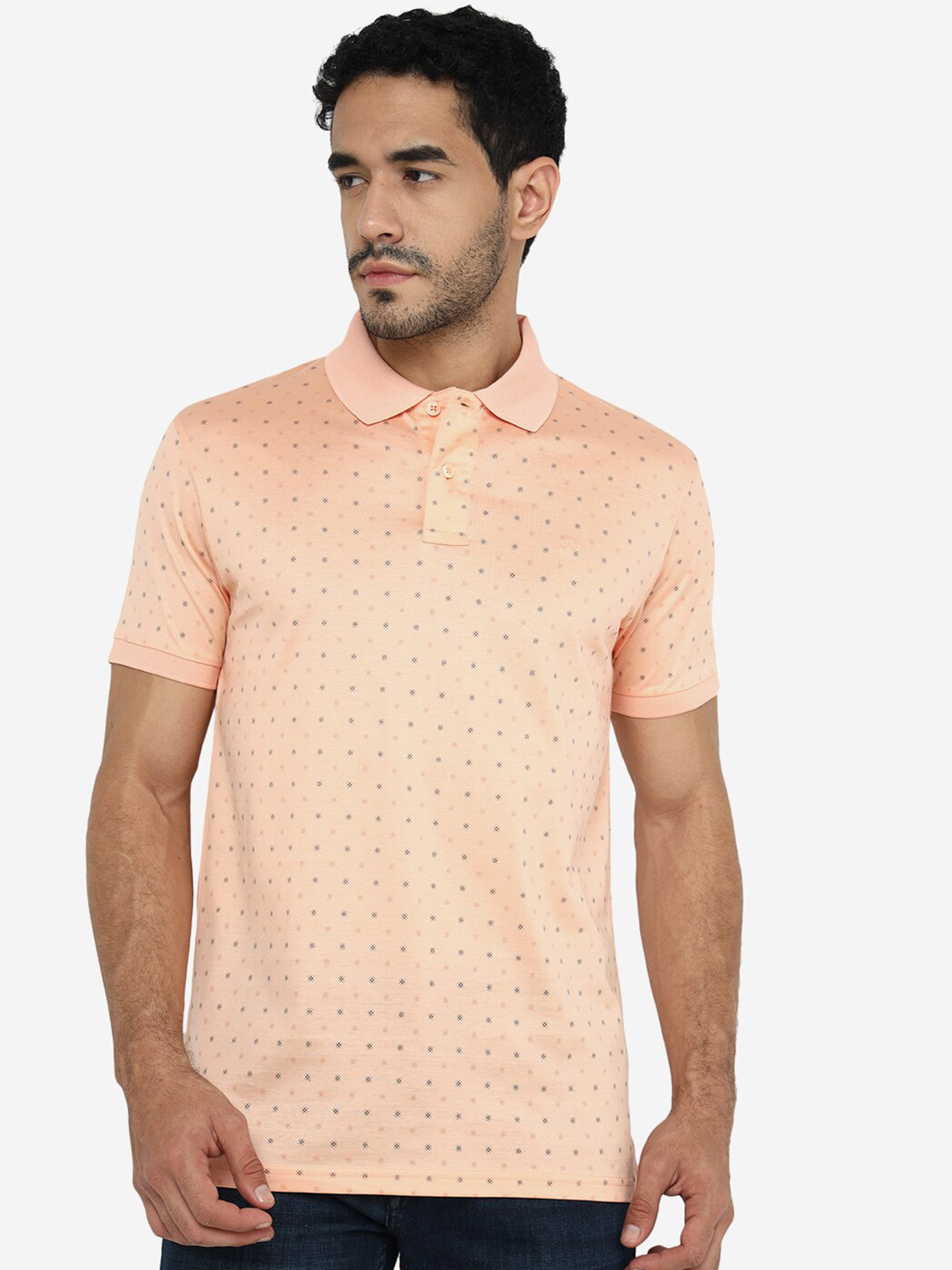 JADE BLUE Micro or Ditsy Printed Polo Collar Slim Fit Cotton T-shirt