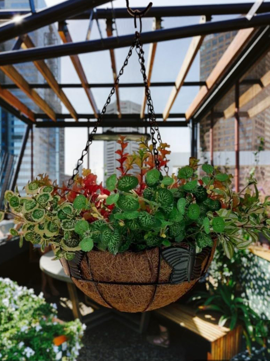 Garden Deco 6 Pieces Black & Brown Coir Hanging Basket with Chain Planters