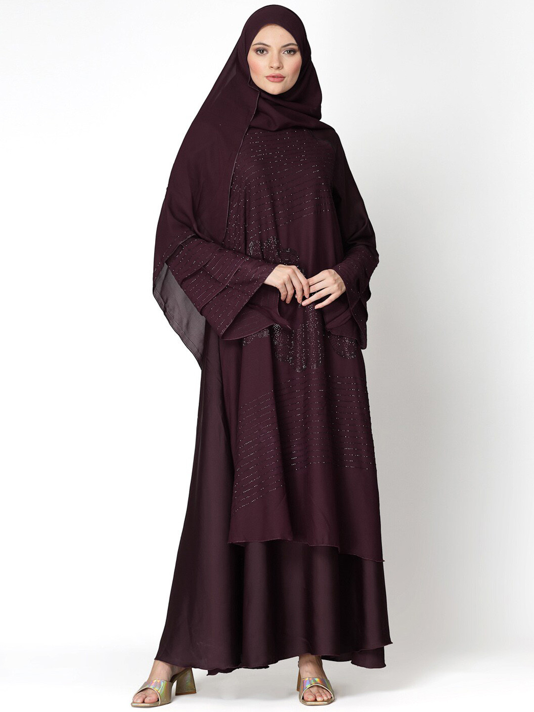KLOTTHE Round Neck Embellished Burqa with Scarves
