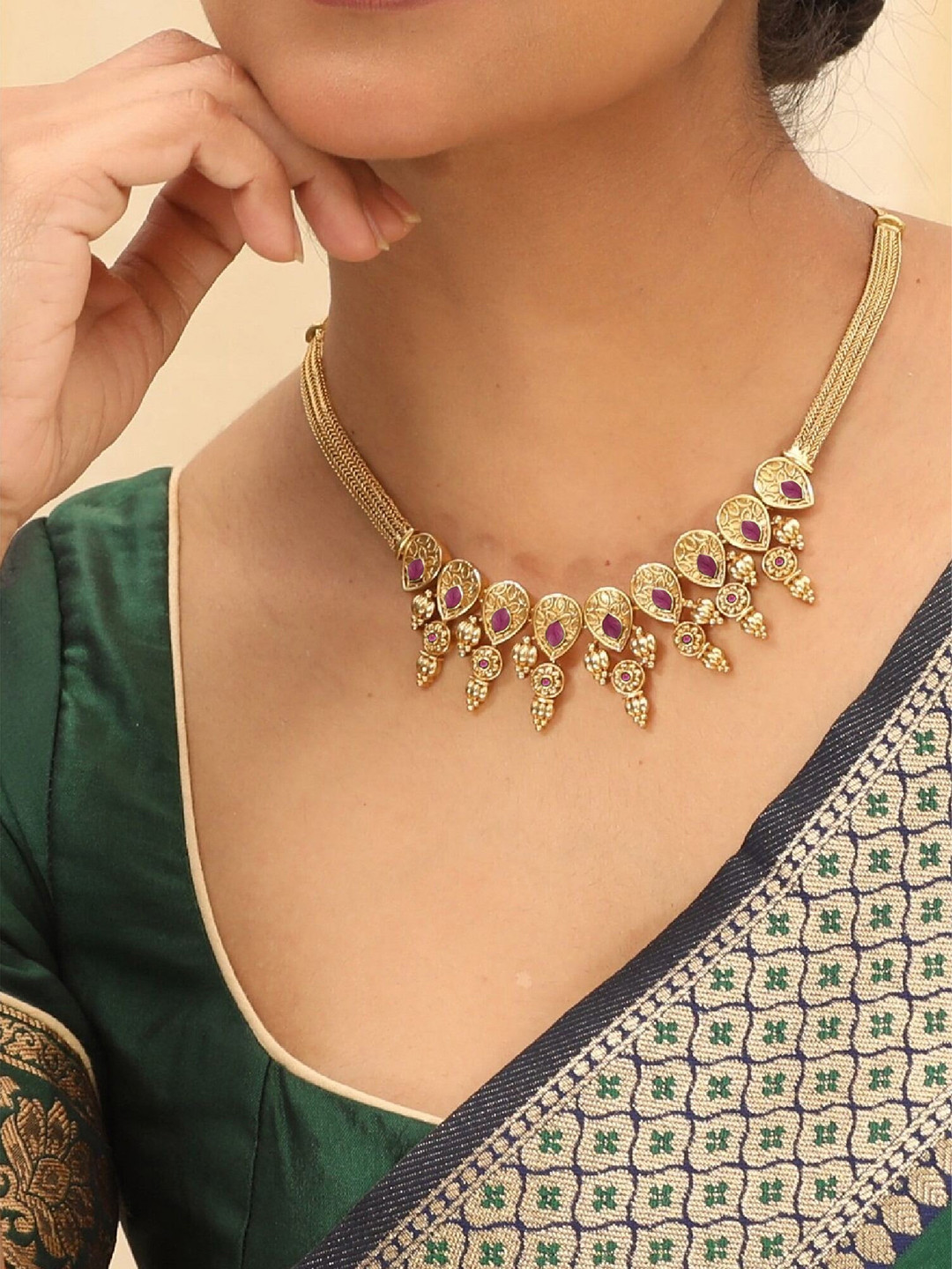 Tarinika Brass Gold-Plated Cubic Zirconia Antique Necklace