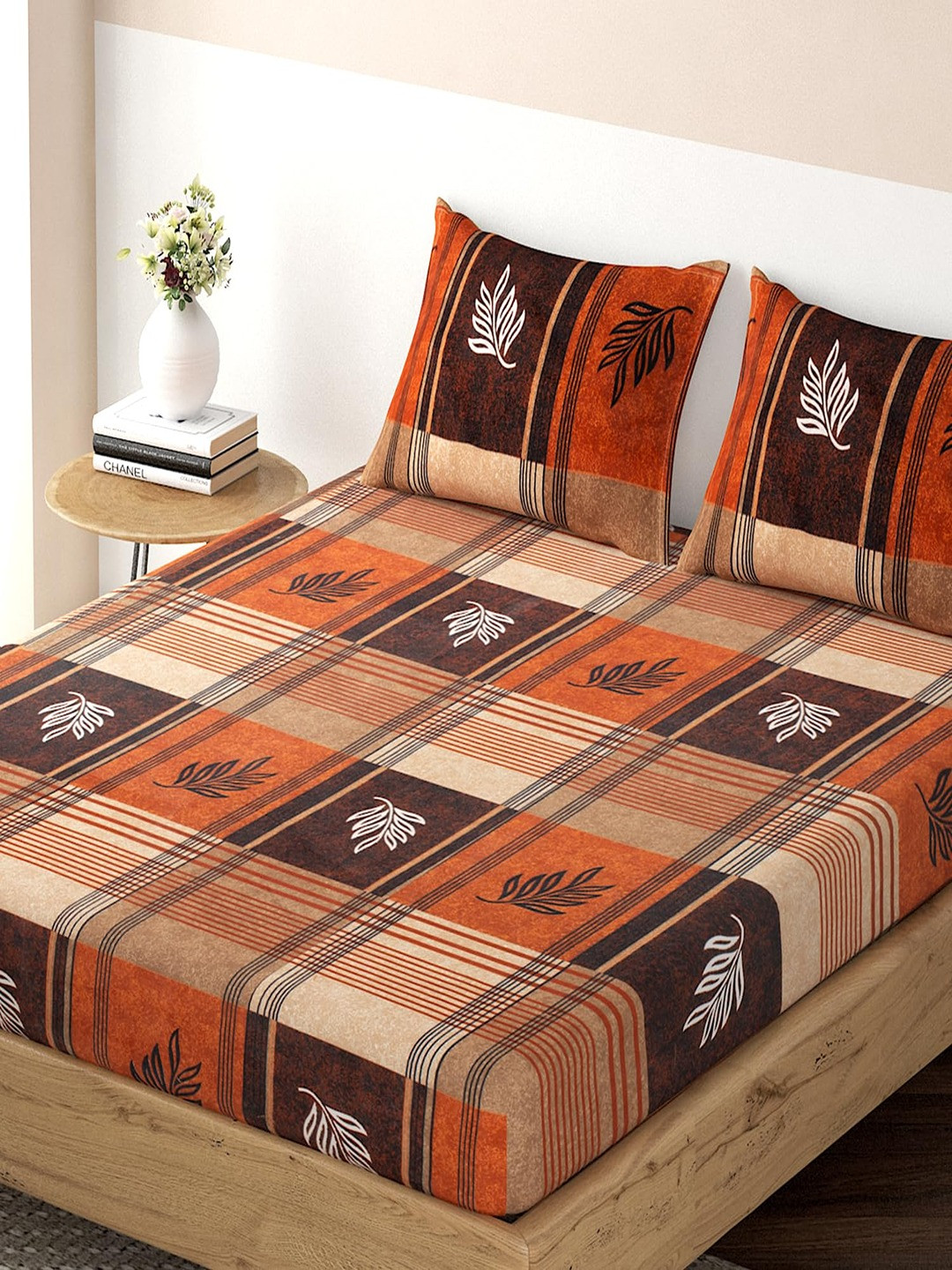 HOKIPO Glace Orange Leaf Microfiber Fitted King Fine Bedsheet with 2 Pillow Covers-78 x 72 inches
