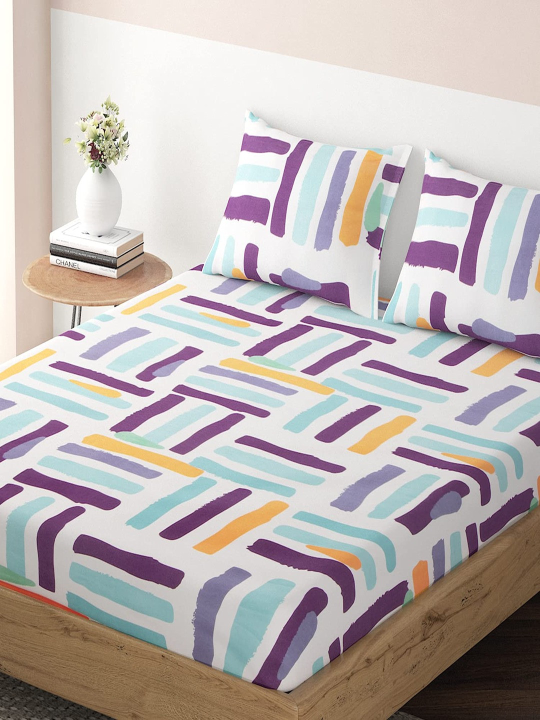 HOKIPO Multicolor Striped 135 GSM Fitted King Bedsheet & 2 Pillow Covers