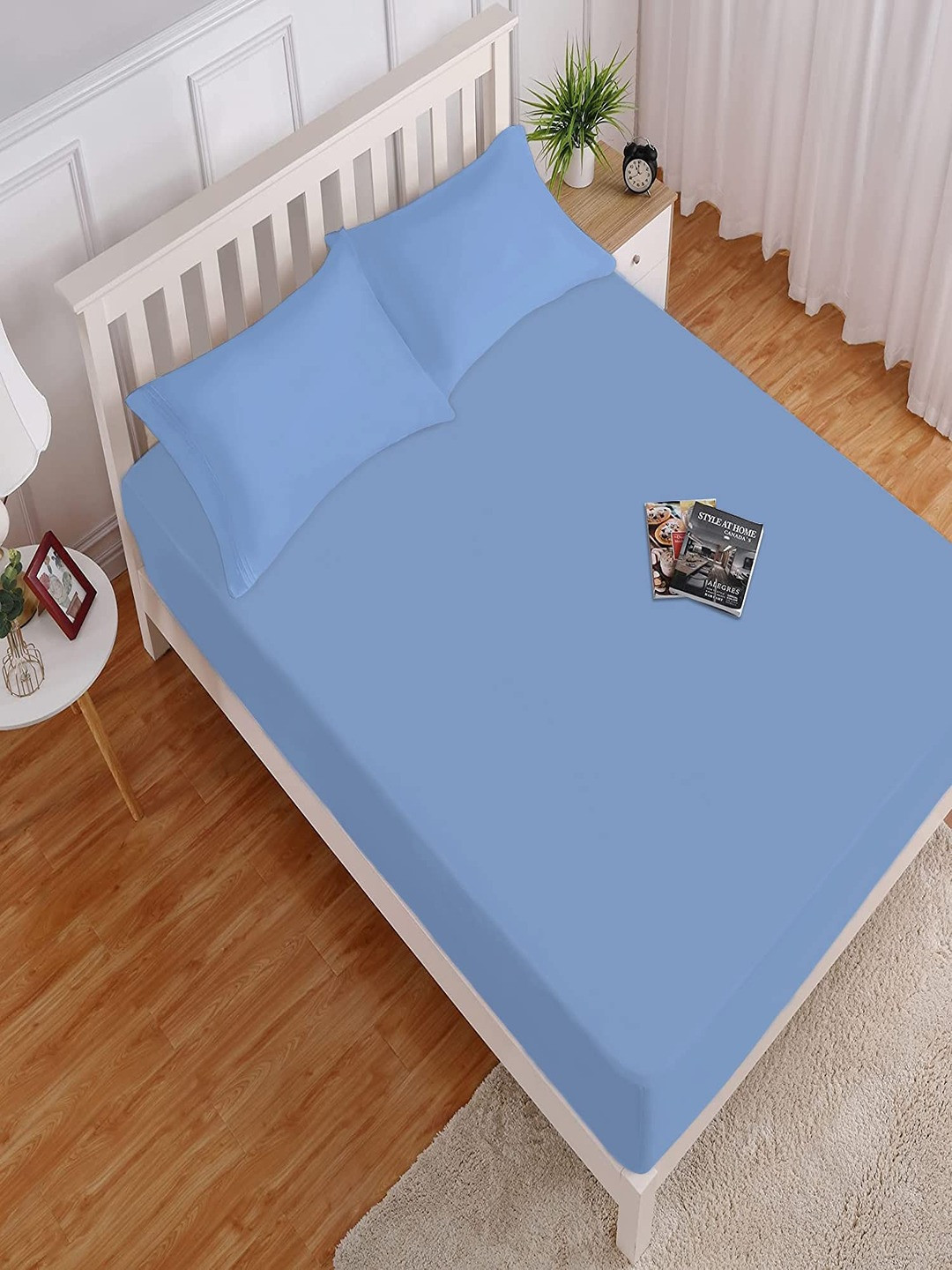 HOKIPO Glace Blue Microfiber Fitted Queen Fine Bedsheet with 2 Pillow Covers-78 x 60 inches