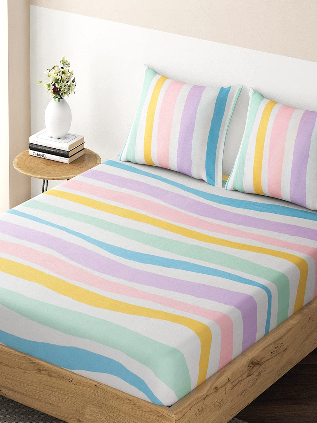 HOKIPO Striped 135 GSM Fitted Queen Bedsheet with 2 Pillow Covers