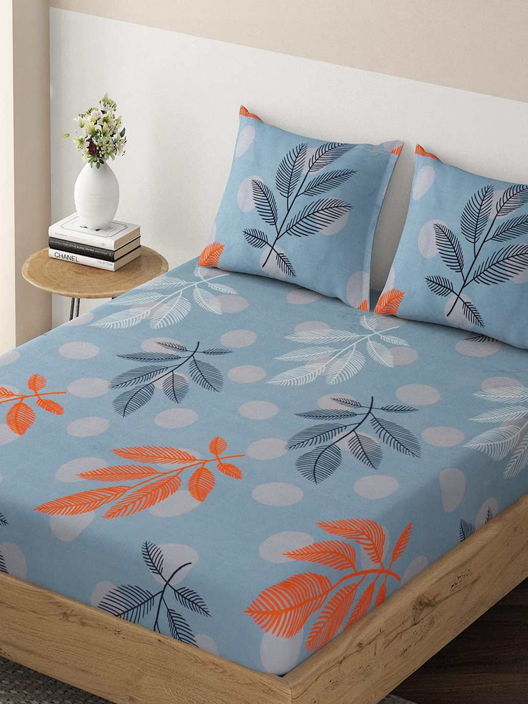 HOKIPO Glace Blue Leaf Microfiber Easy Care 220 TC Fitted Double Fine Bedsheet with a Pillow Cover-78 x 36 inches