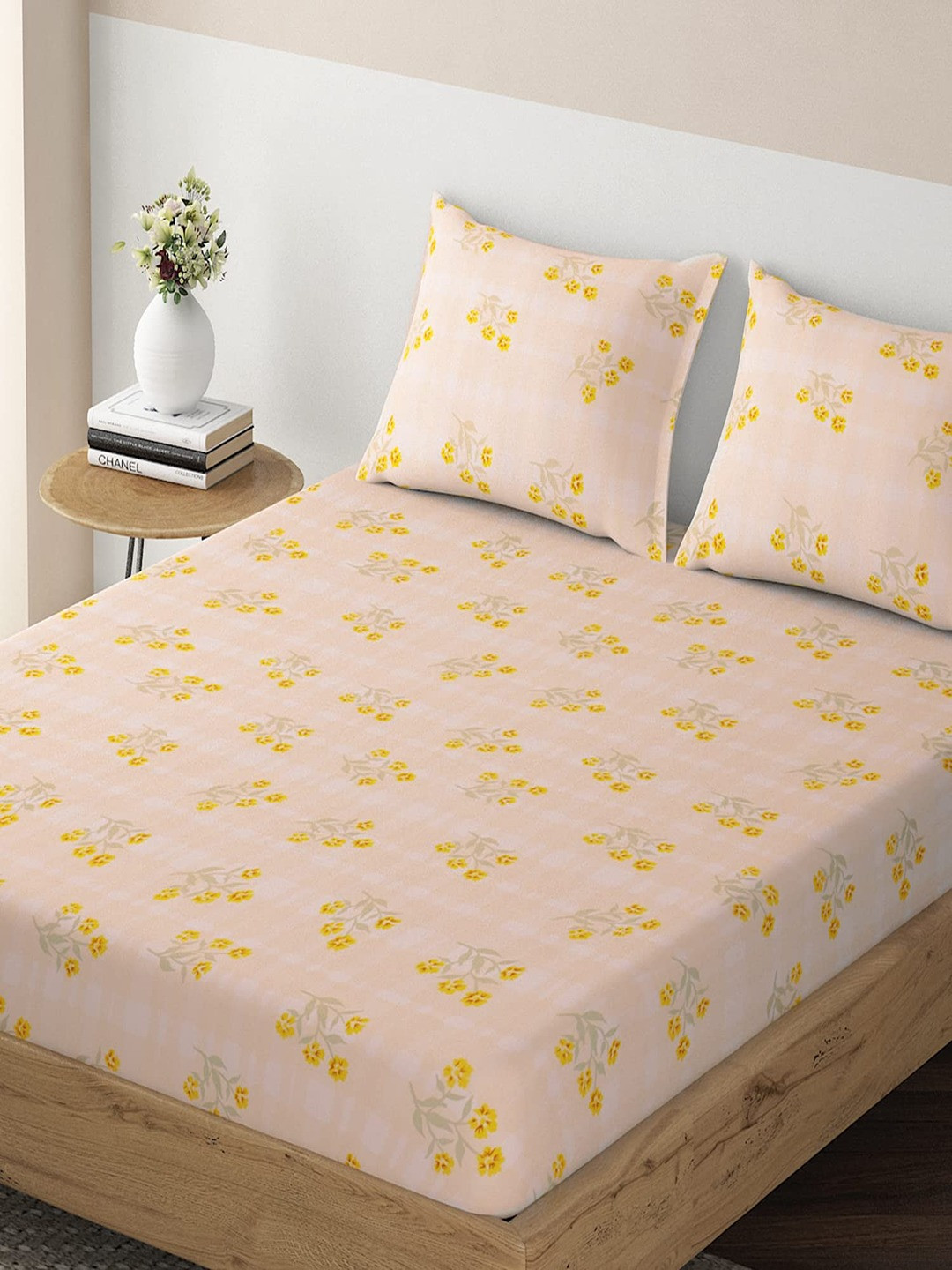 HOKIPO Jaipuri Orange Floral Cotton Fitted Double Fine Bedsheet with a Pillow Cover-78 x 36 inches