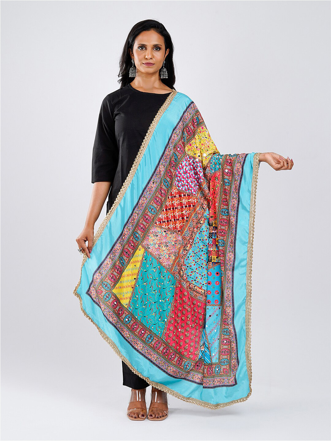 TEEJH Ethnic Motifs Printed Mirror Work Crepe Dupatta