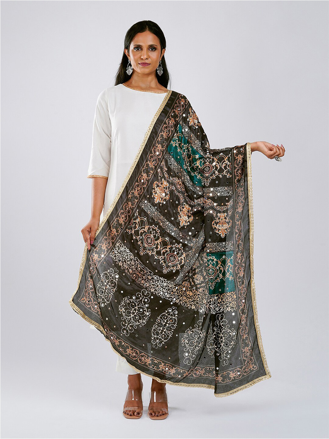 TEEJH Ethnic Motifs Printed Dupatta With Mirror Work