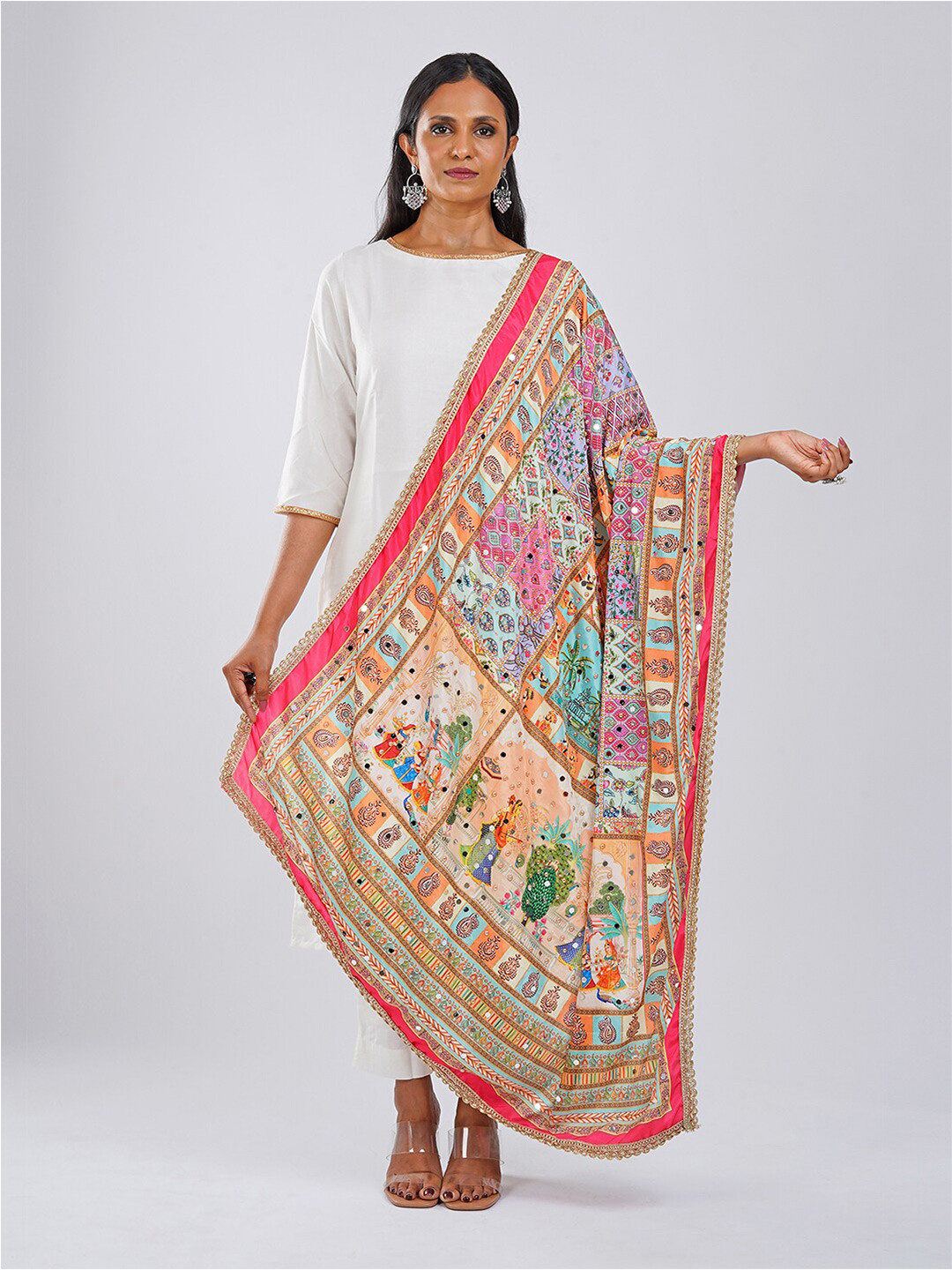 TEEJH Ethnic Motifs Printed Dupatta With Mirror Work