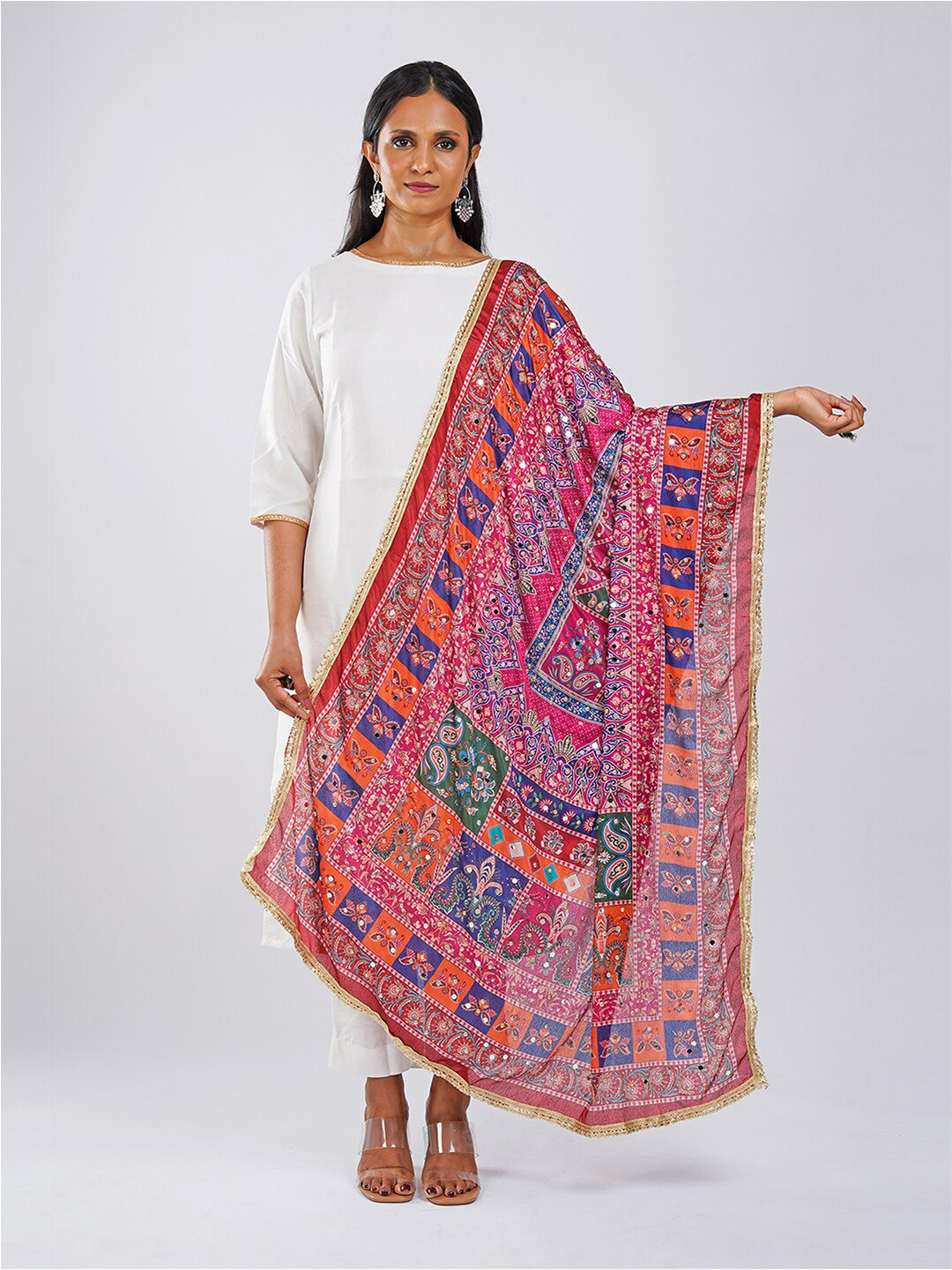 TEEJH Multicoloured Ethnic Motifs Printed Mirror Work Dupatta