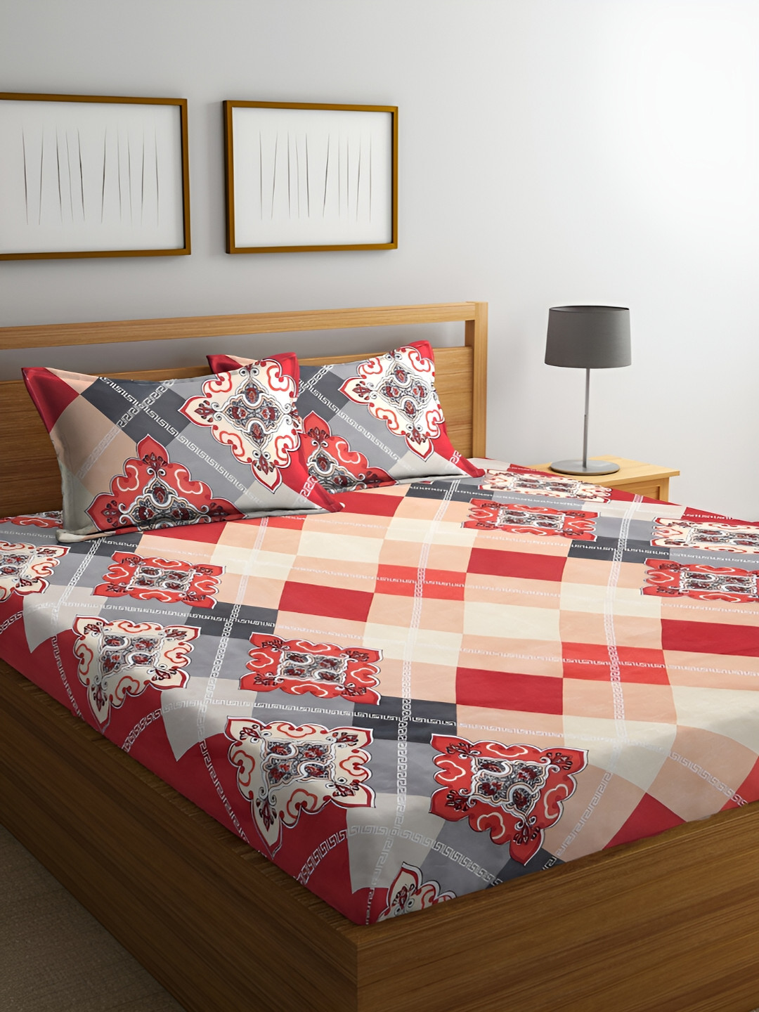 ERIC LONDON Beige Geometric Microfiber 210 TC Queen Bedsheet with 2 Pillow Covers-90 x 100 inches