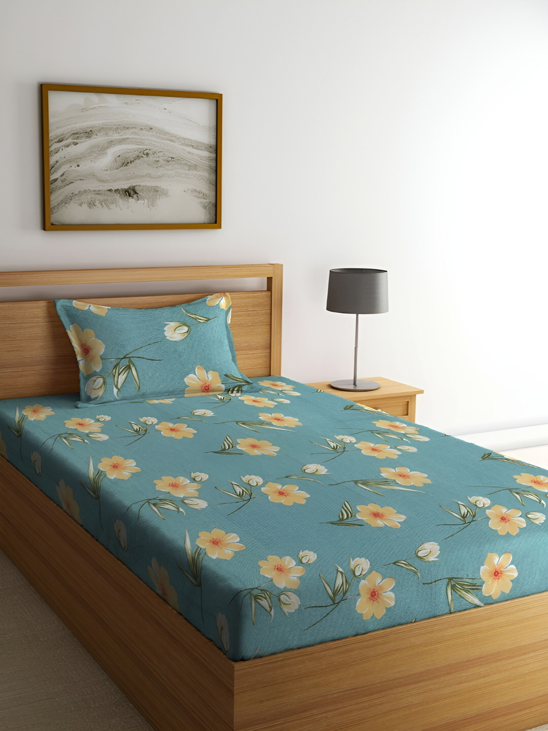 ERIC LONDON Green Floral Microfiber 180 TC Single Fine Bedsheet with a Pillow Cover-90 x 60 inches