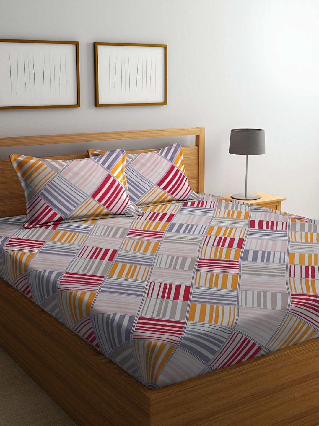 ERIC LONDON Grey Geometric Microfiber 180 TC Queen Fine Bedsheet with 2 Pillow Covers-90 x 98 inches