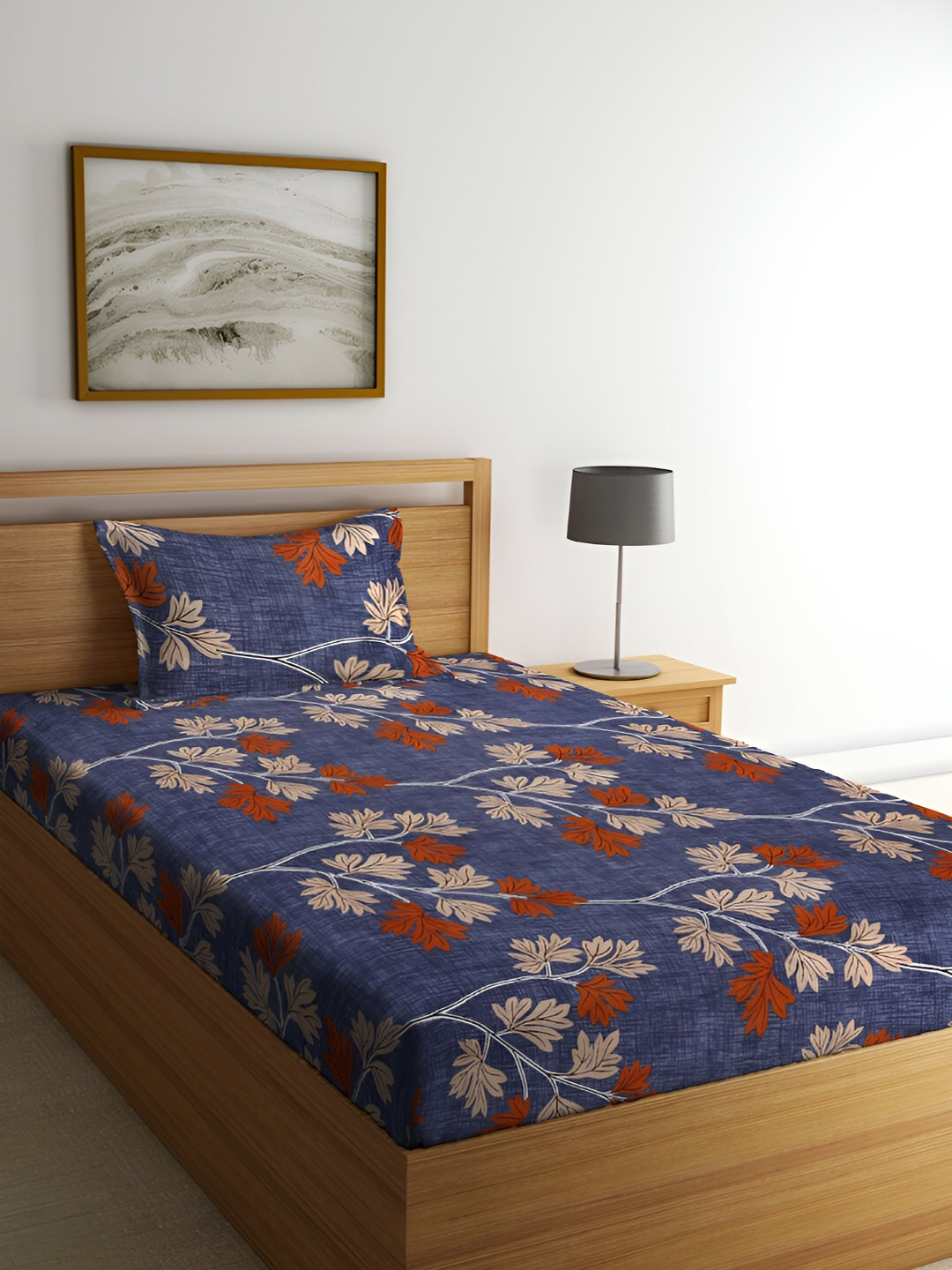ERIC LONDON Navy Blue Leaf Microfiber 180 TC Single Fine Bedsheet with a Pillow Cover-60 x 90 inches