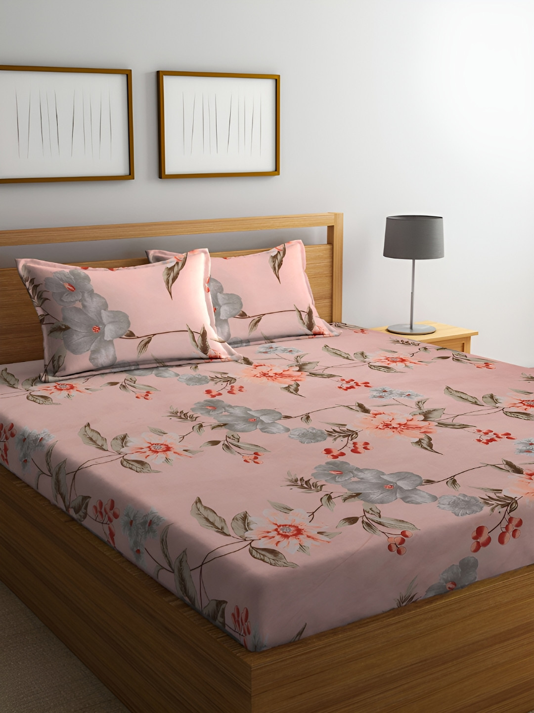 ERIC LONDON Peach Floral Microfiber 180 TC Queen Bedsheet with 2 Pillow Covers-90 x 100 inches