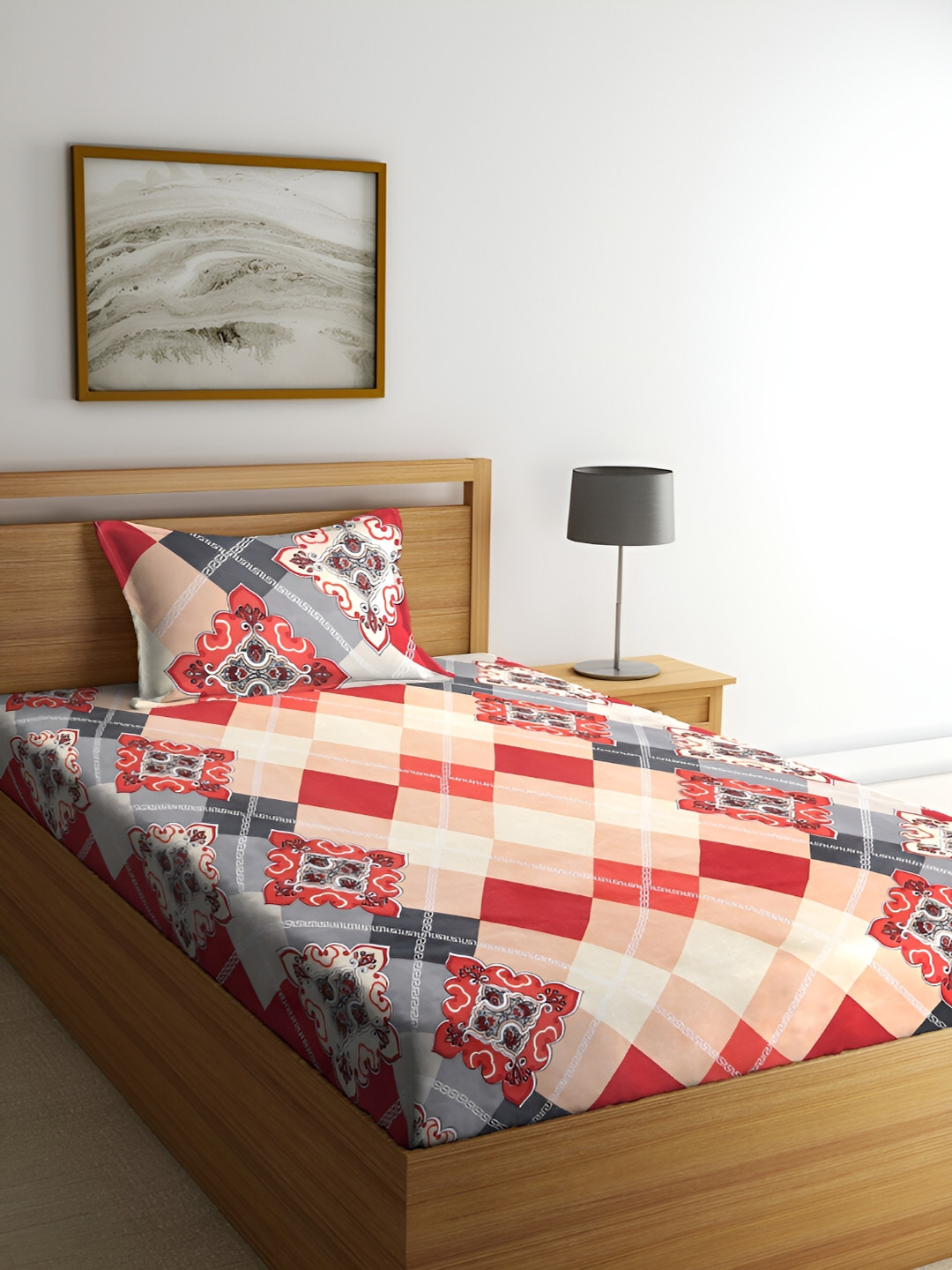 ERIC LONDON Beige Geometric Microfiber 210 TC Single Fine Bedsheet with a Pillow Cover-60 x 90 inches