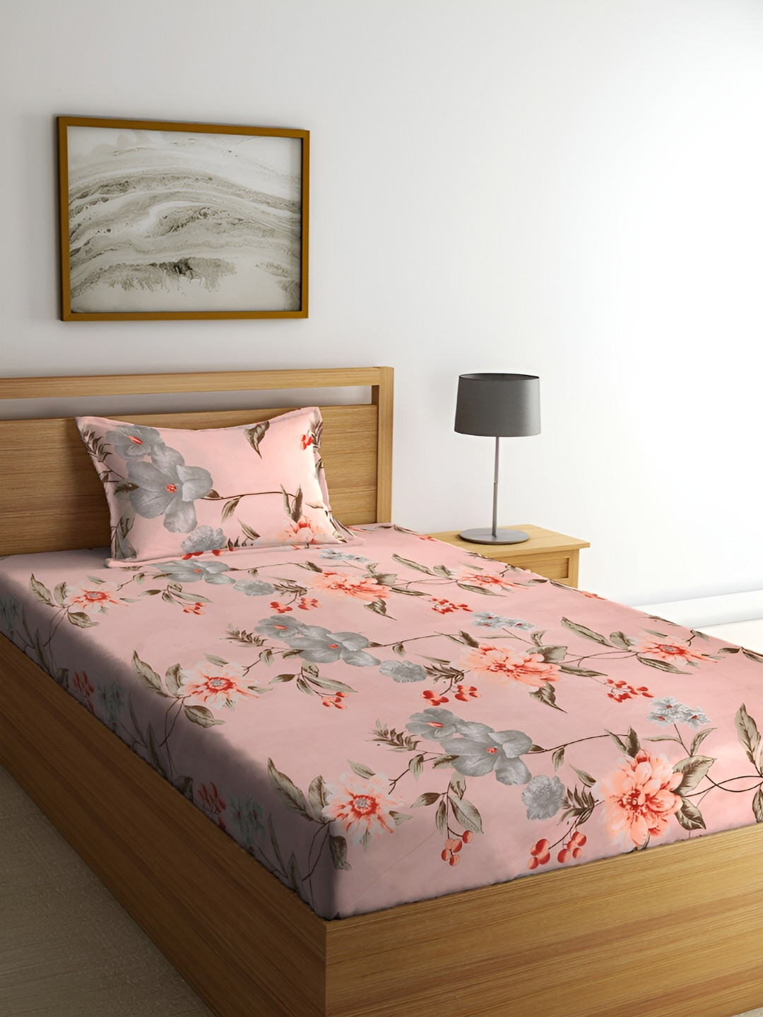 ERIC LONDON Peach Floral Microfiber 180 TC Double Fine Bedsheet with a Pillow Cover-60 x 90 inches