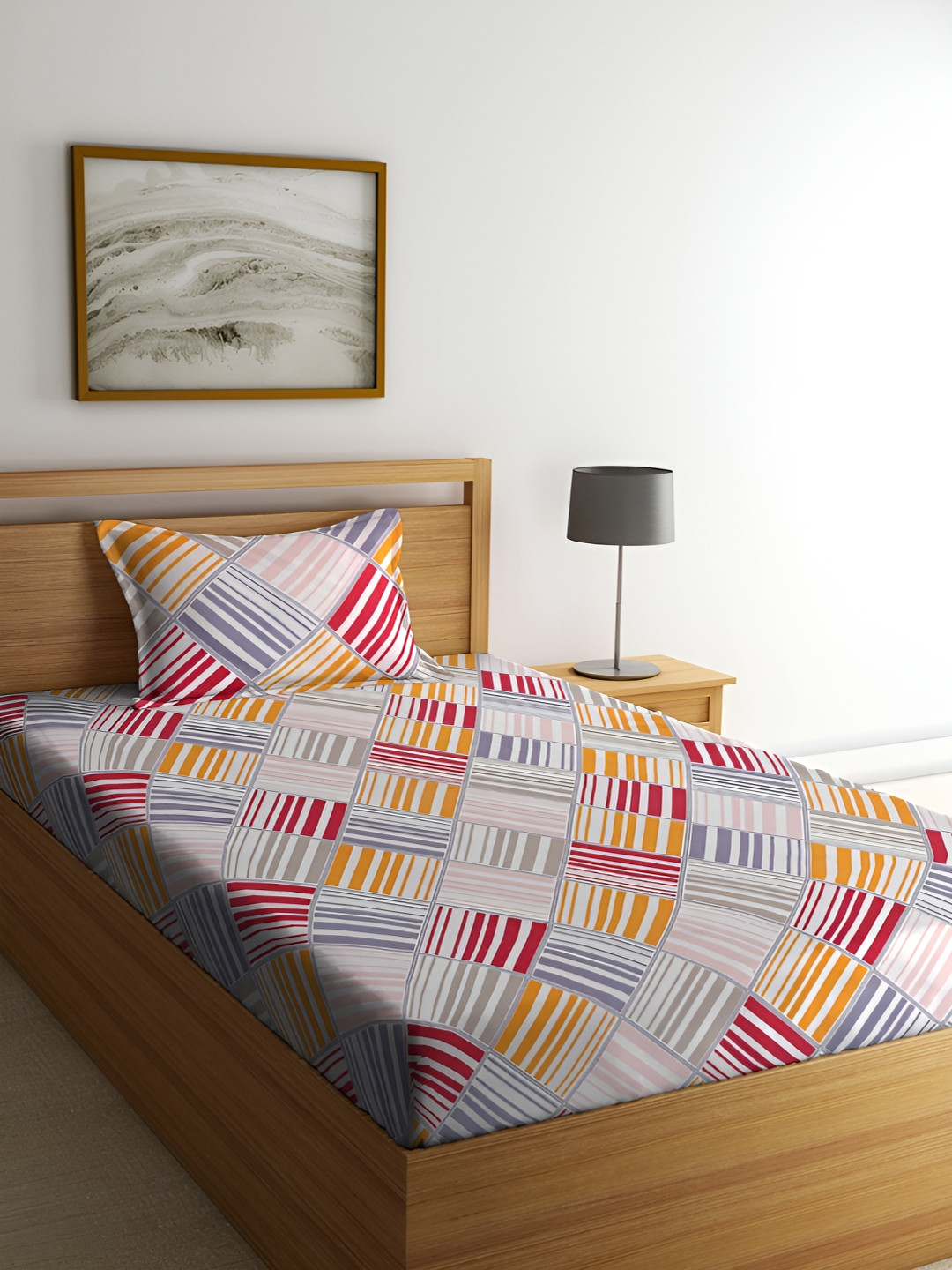 ERIC LONDON Beige Geometric Microfiber 180 TC Single Bedsheet with a Pillow Cover-60 x 90 inches