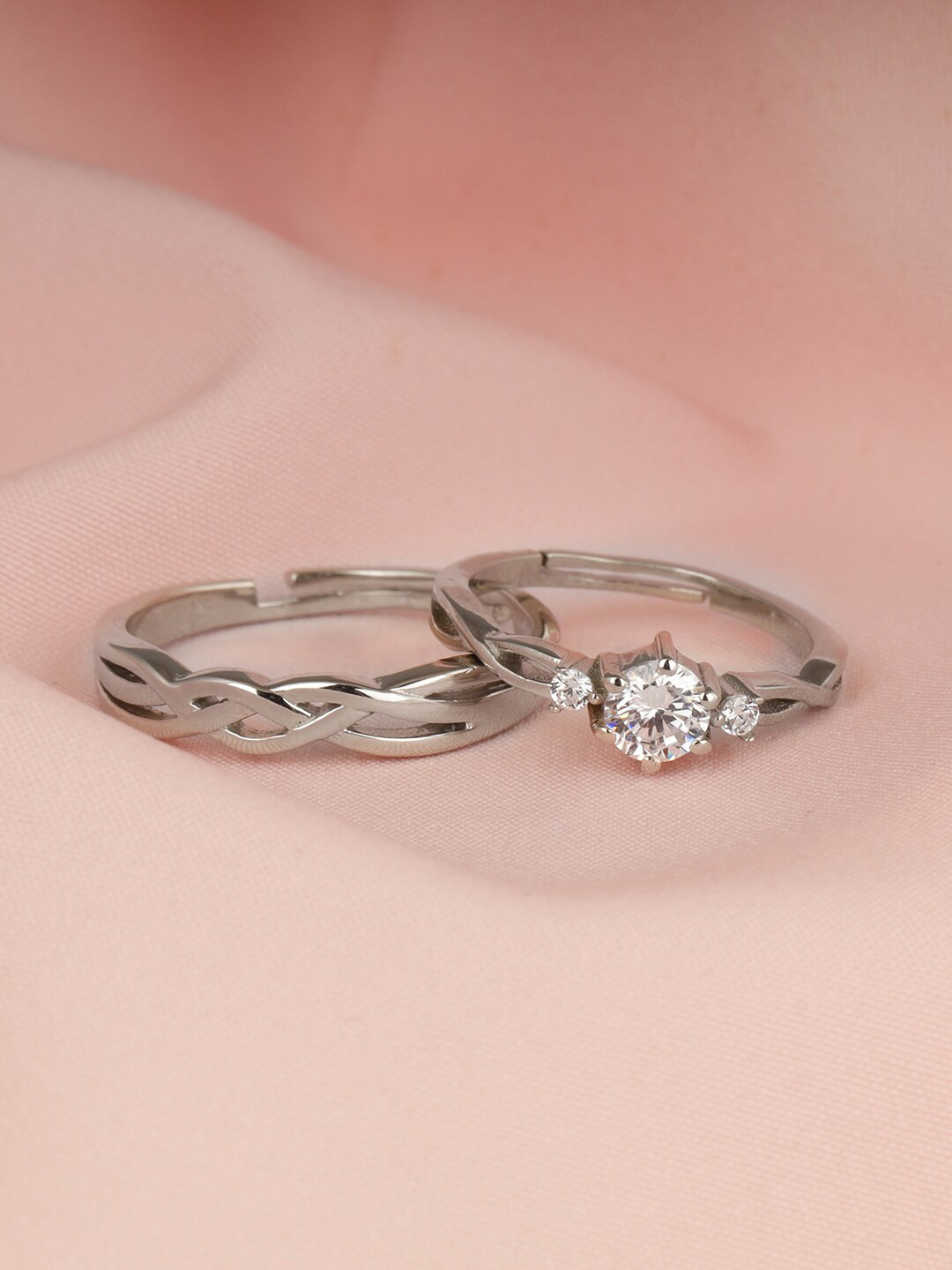 GIVA GIVA Set Of 2 Rhodium Plated Cubic Zirconia-Studded Couple Adjustable Finger Ring