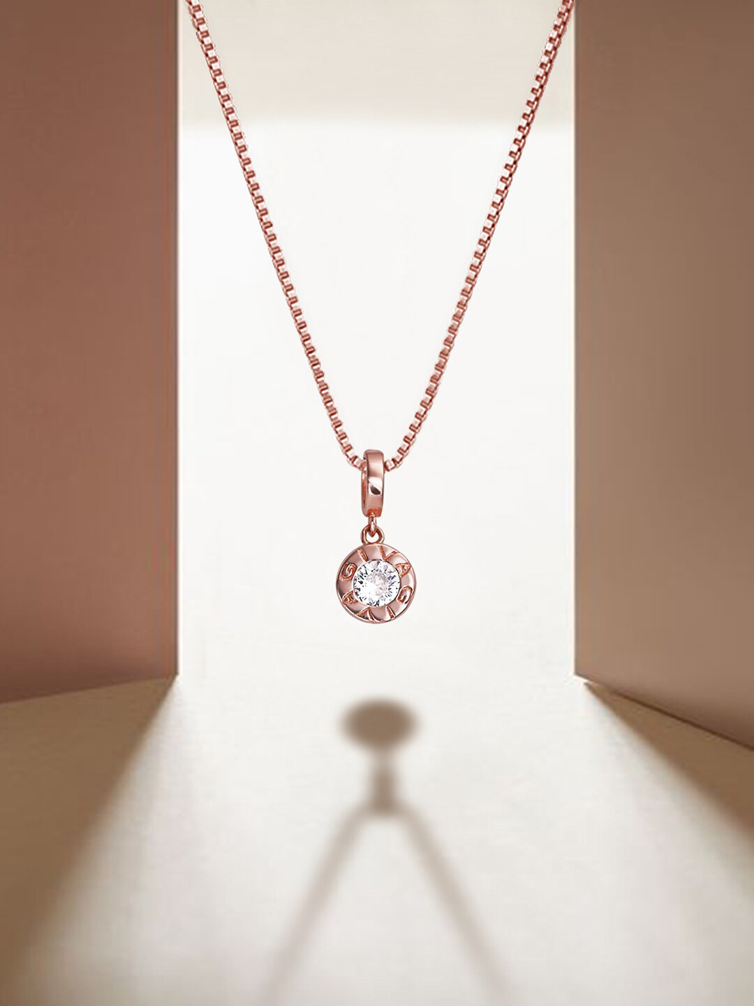 GIVA Rose Gold-Plated 92.5 Sterling Silver Zircon-Studded Circular Pendant With Link Chain