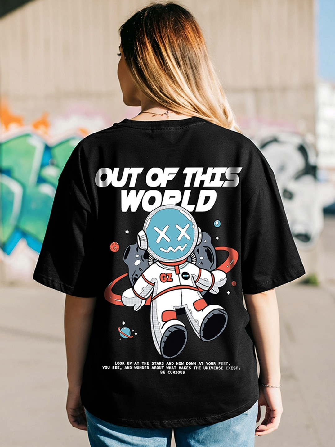 Bewakoof Black Be Curious Graphic Printed Drop-Shoulder Sleeves Oversized Cotton T-shirt