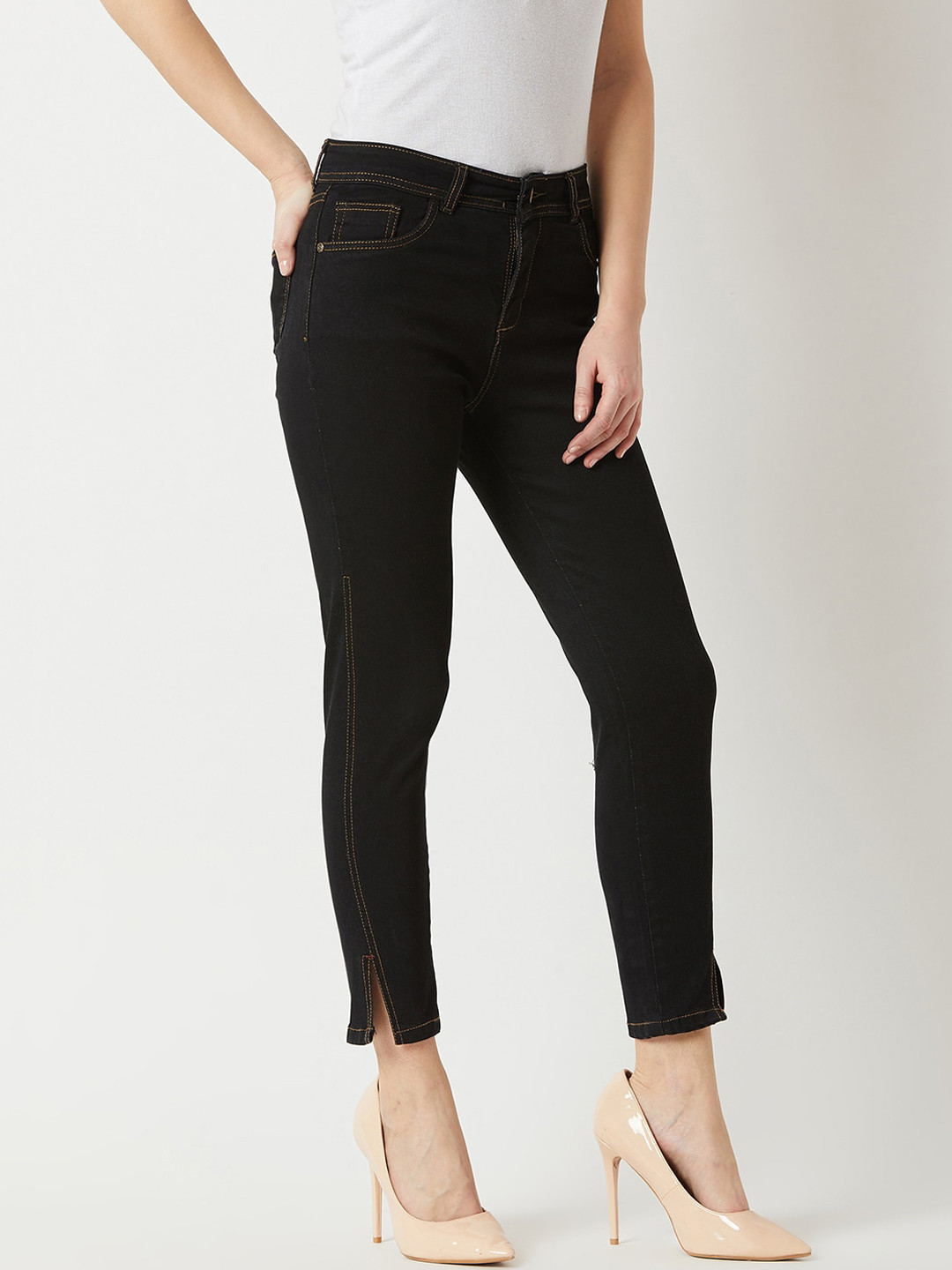 DressBerry Women Black Skinny Fit High-Rise Clean Look Stretchable Cropped Jeans
