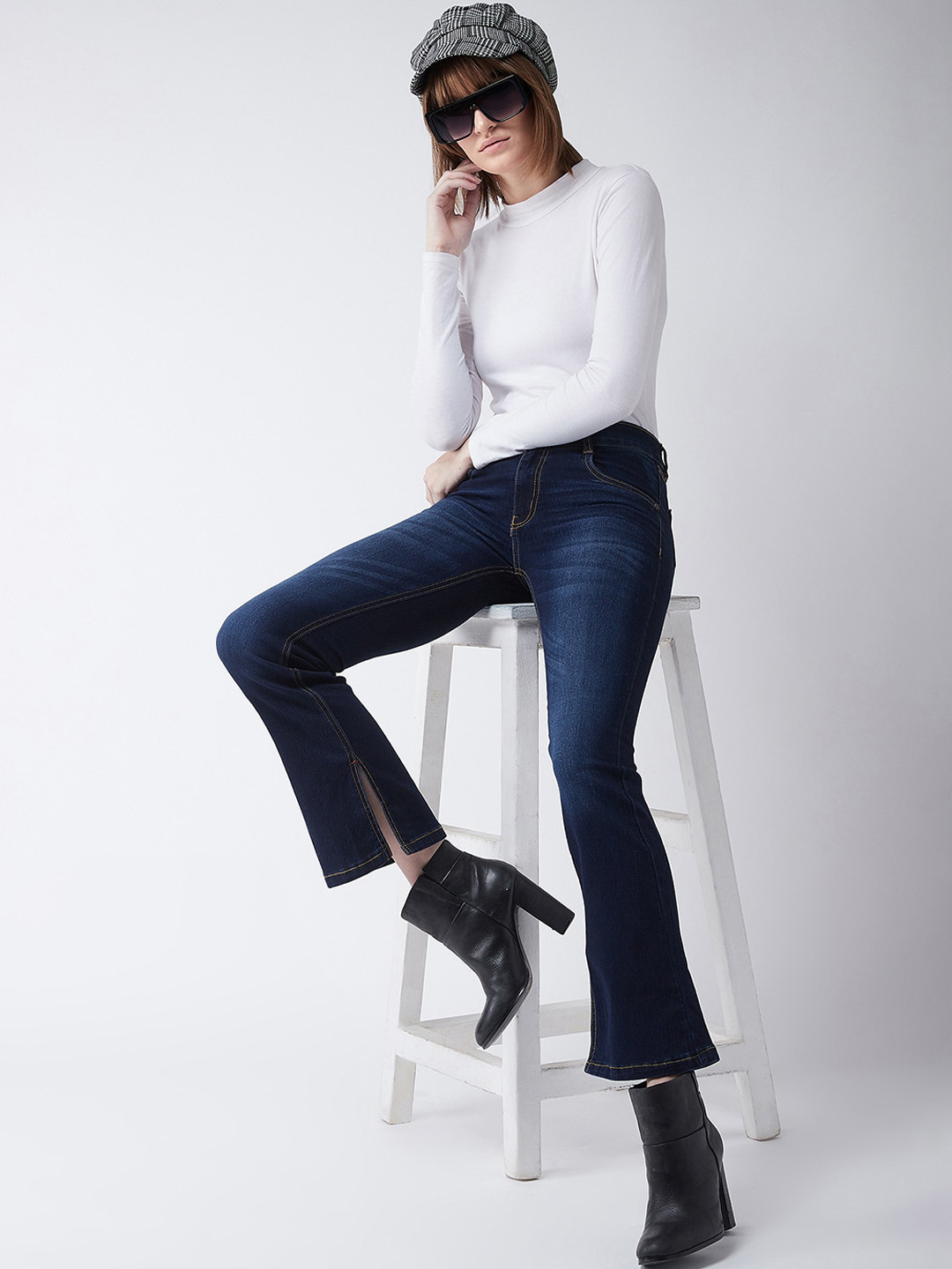 DressBerry Women Navy Blue Bootcut Mid-Rise Dark Shade Clean Look Stretchable Jeans