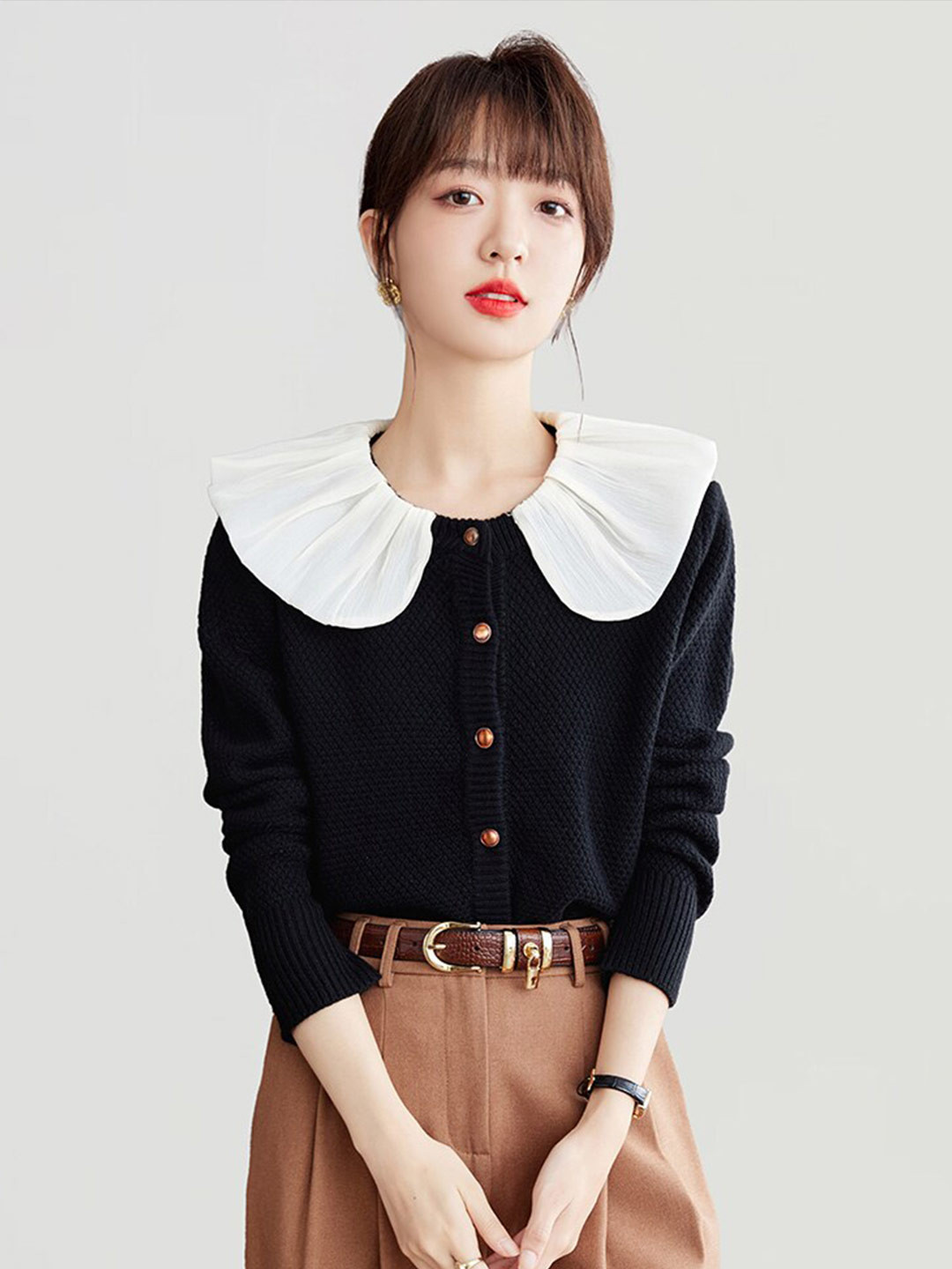 JC Collection Self Design Cable Knit Peter Pan Collar Long Sleeve Cardigan Sweater