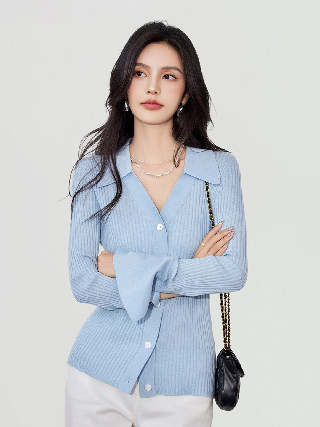JC Collection Ribbed Shirt Collar Long Sleeve Cardigan Sweater