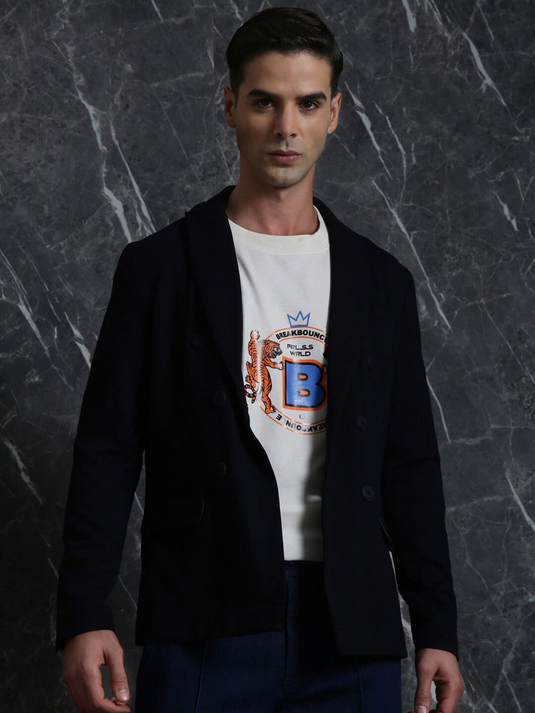 Breakbounce Navy Blue Shawl Collar Long Sleeves Double-Breasted Relaxed Fit Blazer