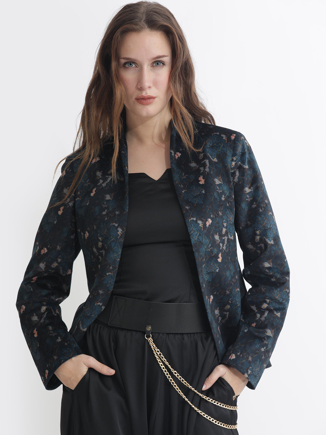 RAREISM Abstract Printed Silk Open Front Shrug