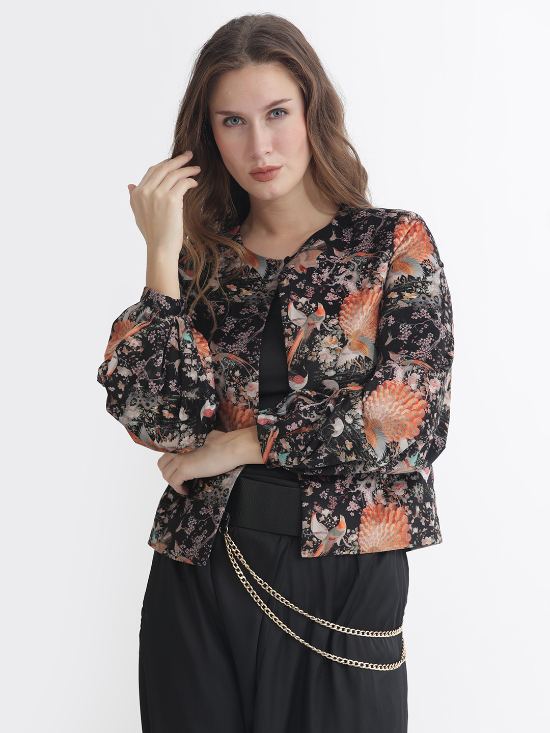 RAREISM Floral Printed Silk Open Front Shrug